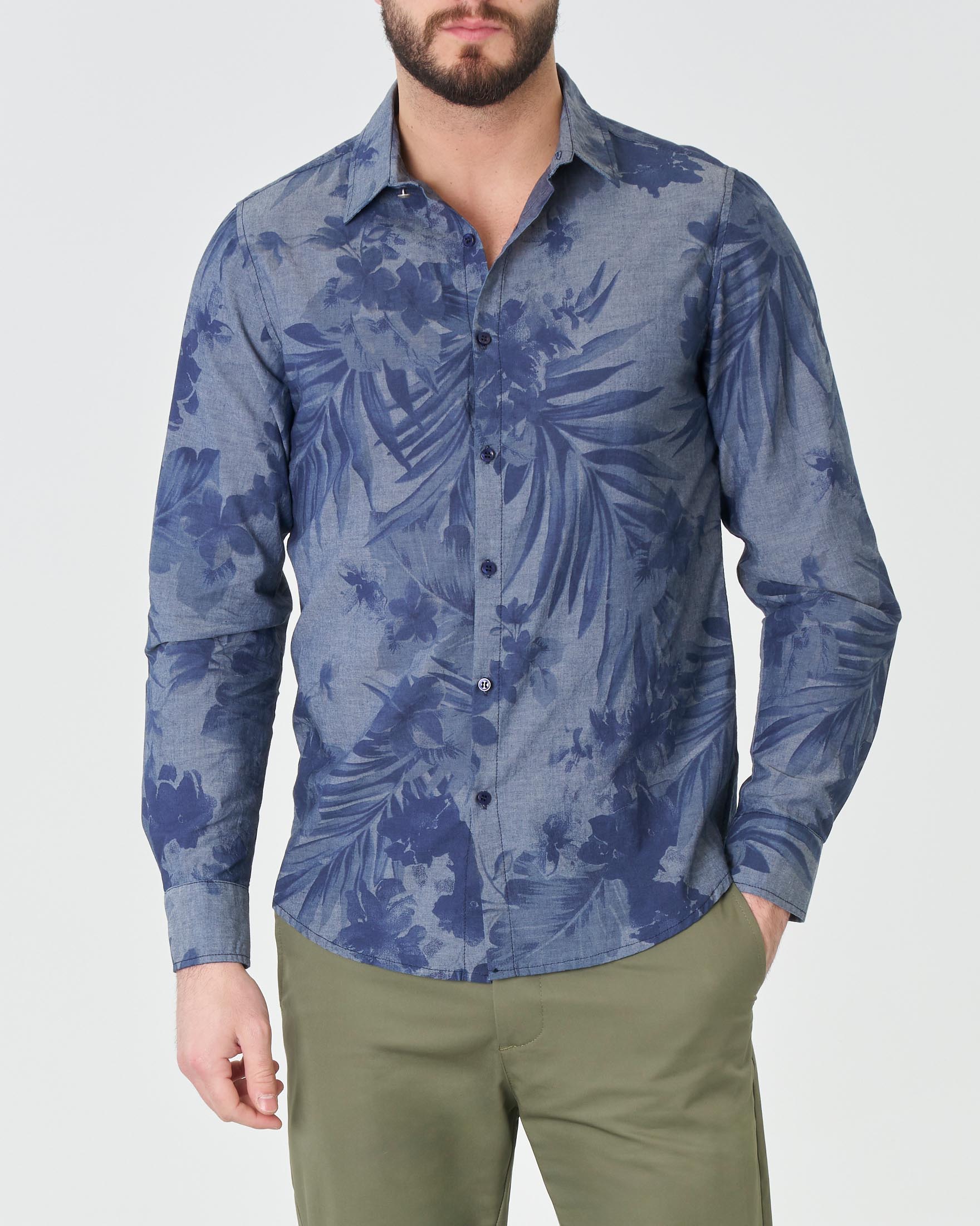 Camicia indaco in fantasia floreale soffusa