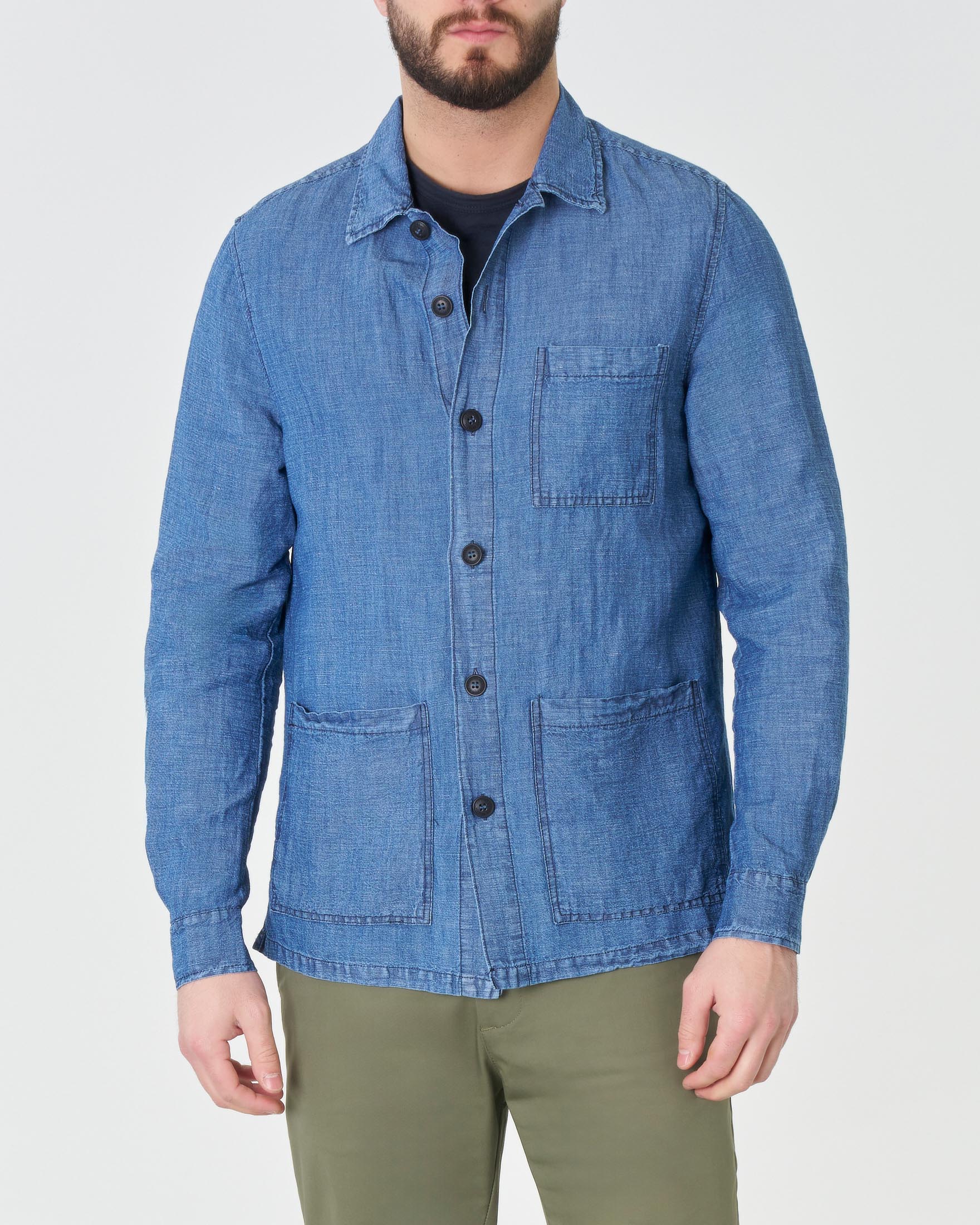 Giacca blu indaco in misto cotone e lino con taschino sul petto