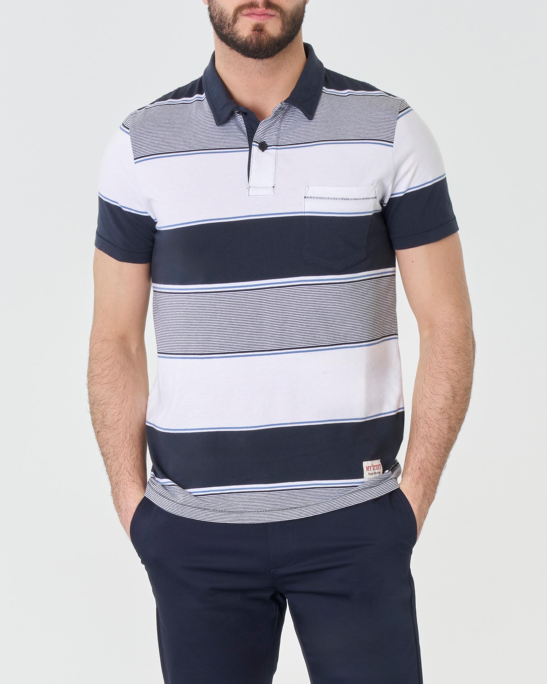 My Stuff — Polo mezza manica in pima cotton a righe bianche e blu con taschino