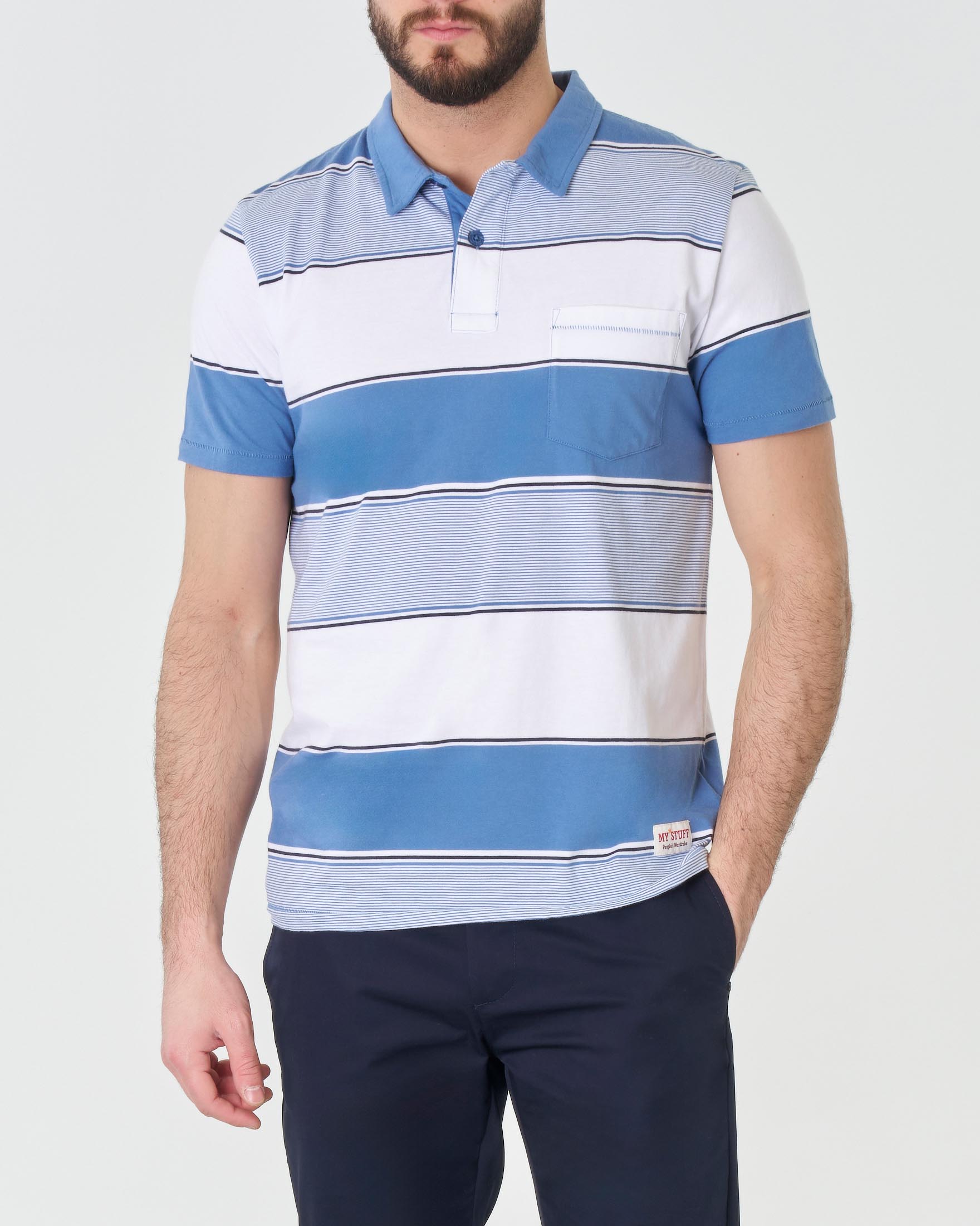 Polo mezza manica in pima cotton a righe bianche e azzurre con taschino