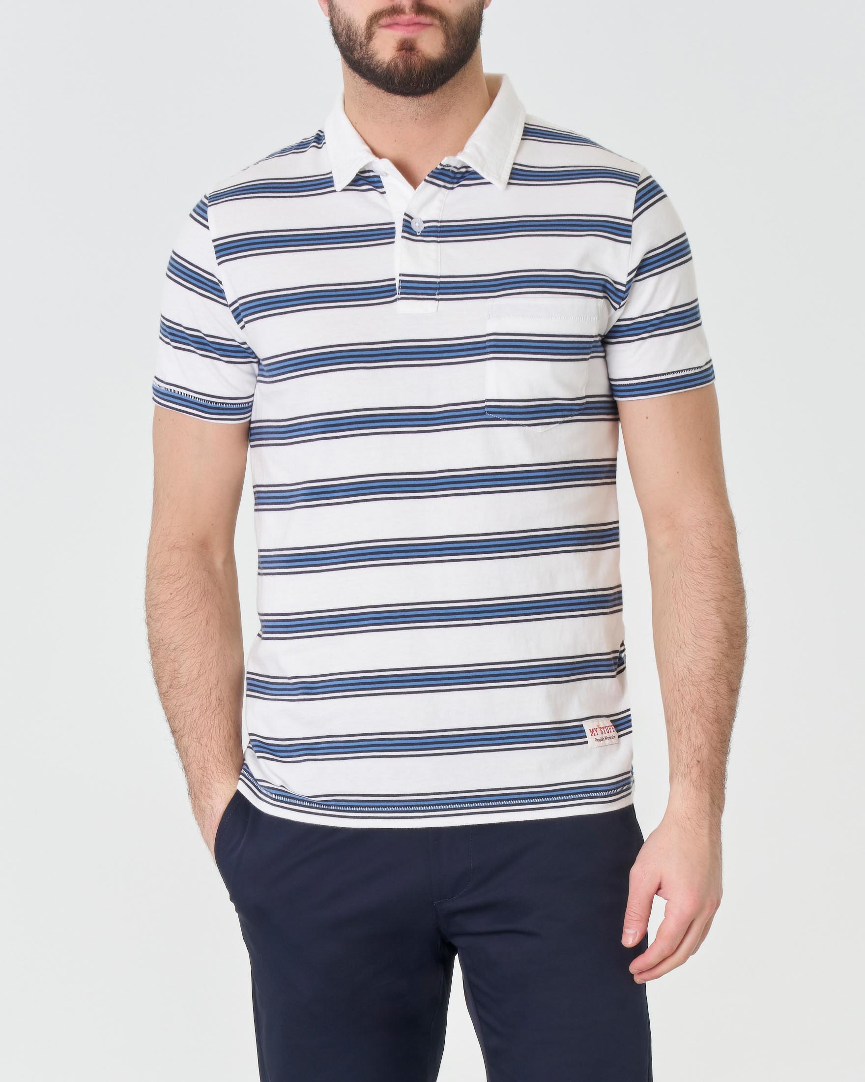 Polo bianca mezza manica in pima cotton a righette azzurre con taschino