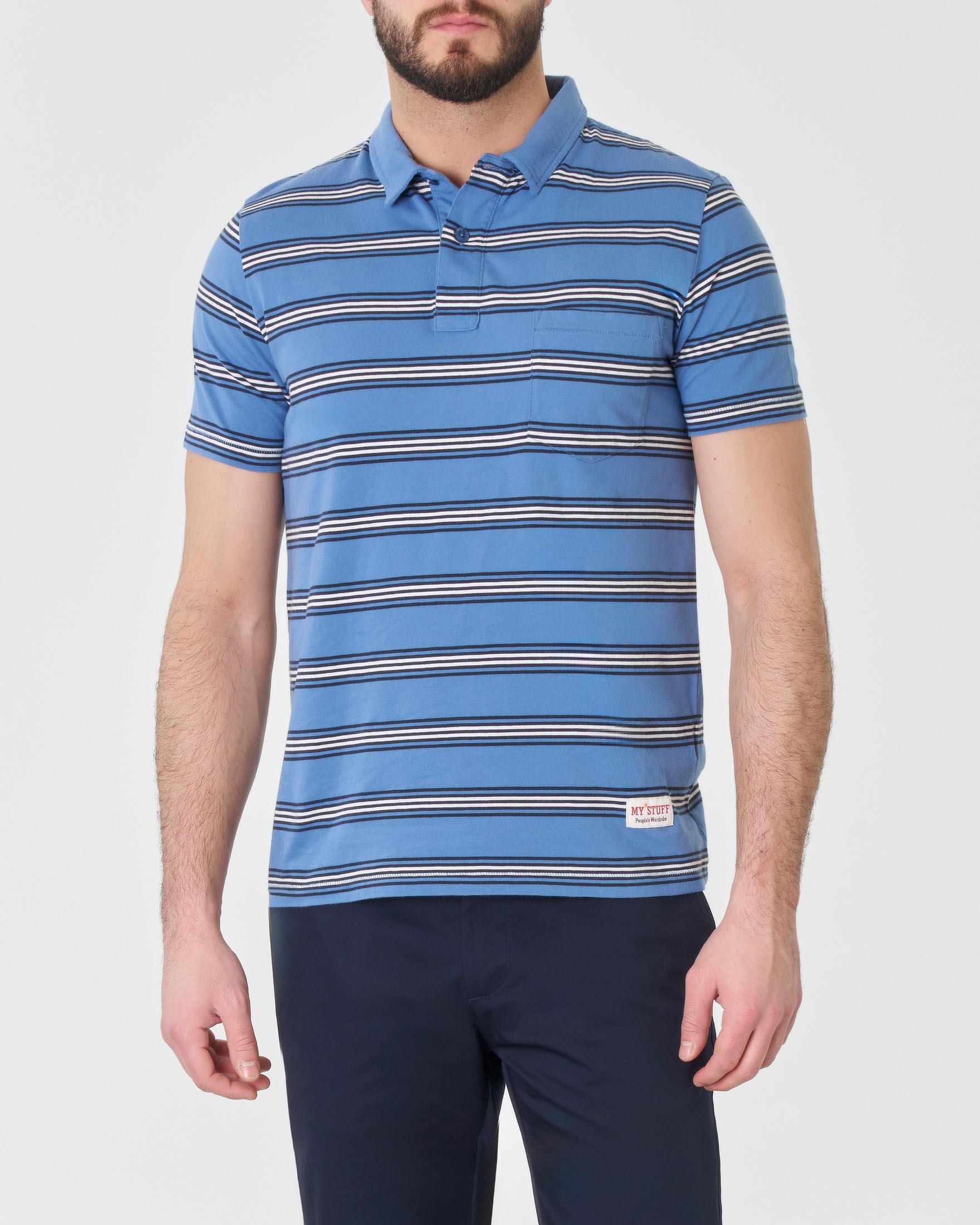My Stuff — Polo blu indaco mezza manica in pima cotton a righette bianche con taschino