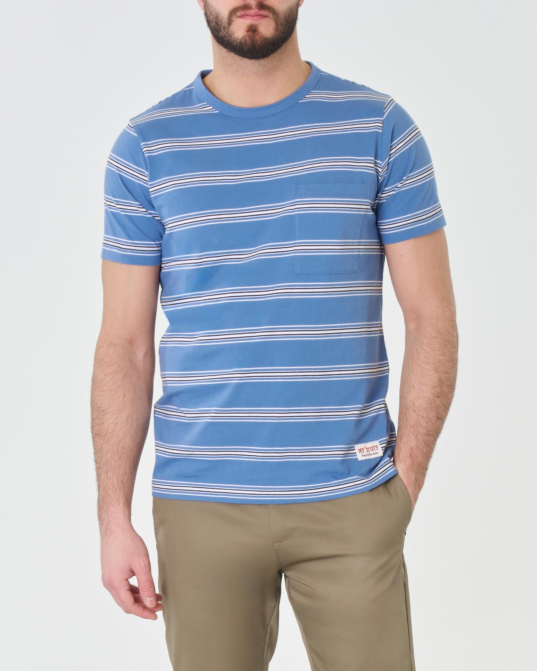 T-shirt blu indaco mezza manica in pima cotton a righette bianche con taschino