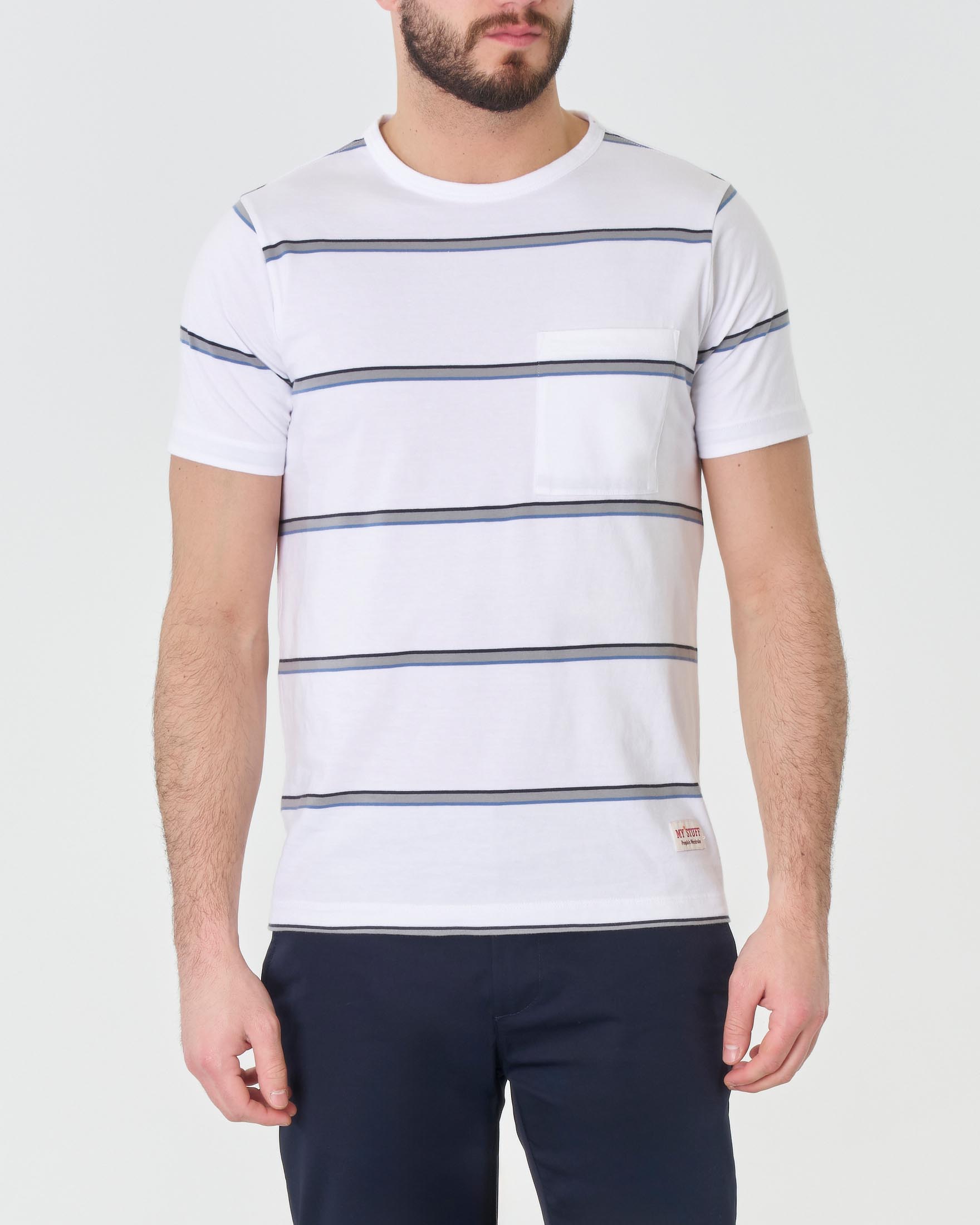 T-shirt bianca mezza manica in pima cotton a righe grigie con taschino