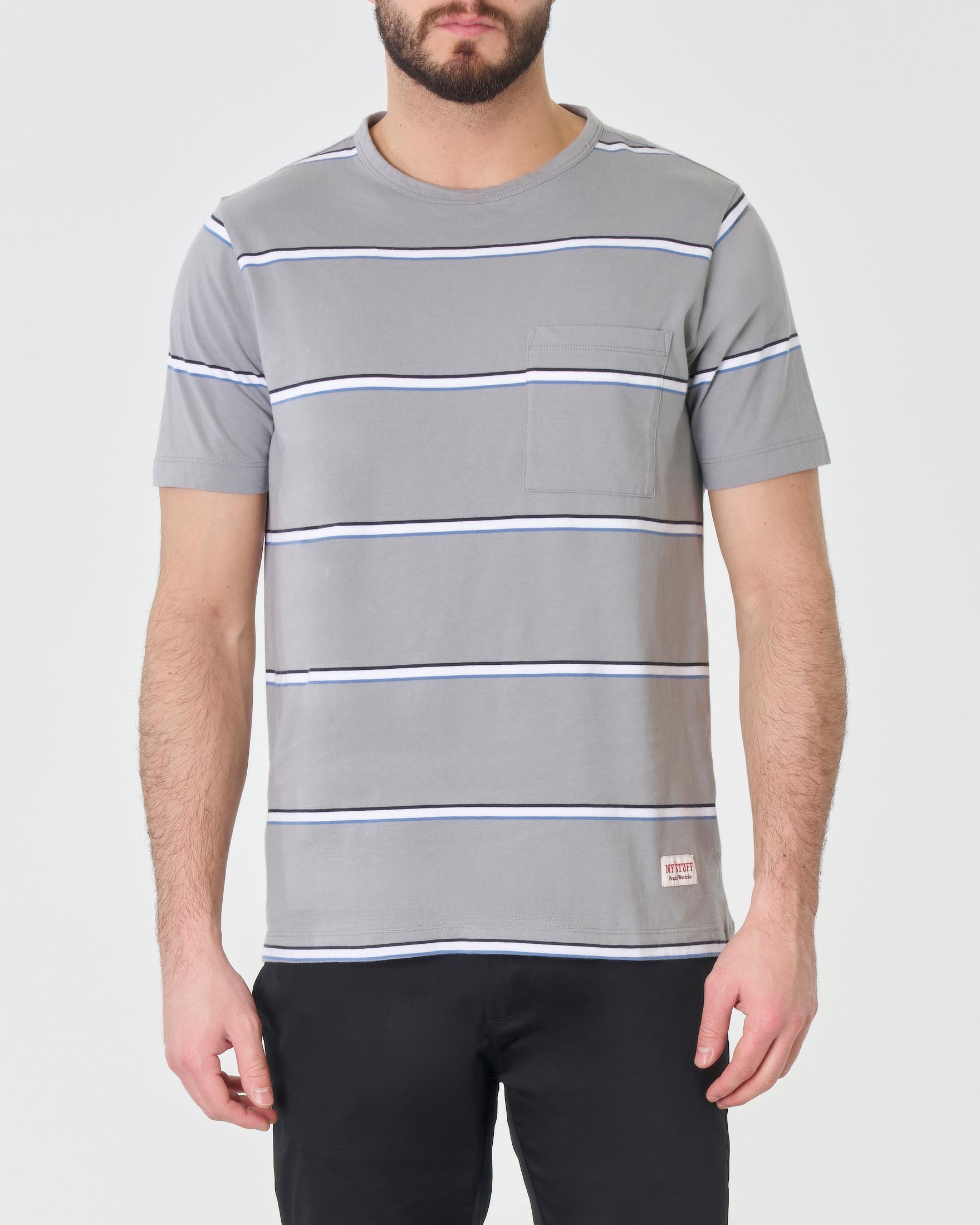 T-shirt grigia mezza manica in pima cotton a righe bianche con taschino