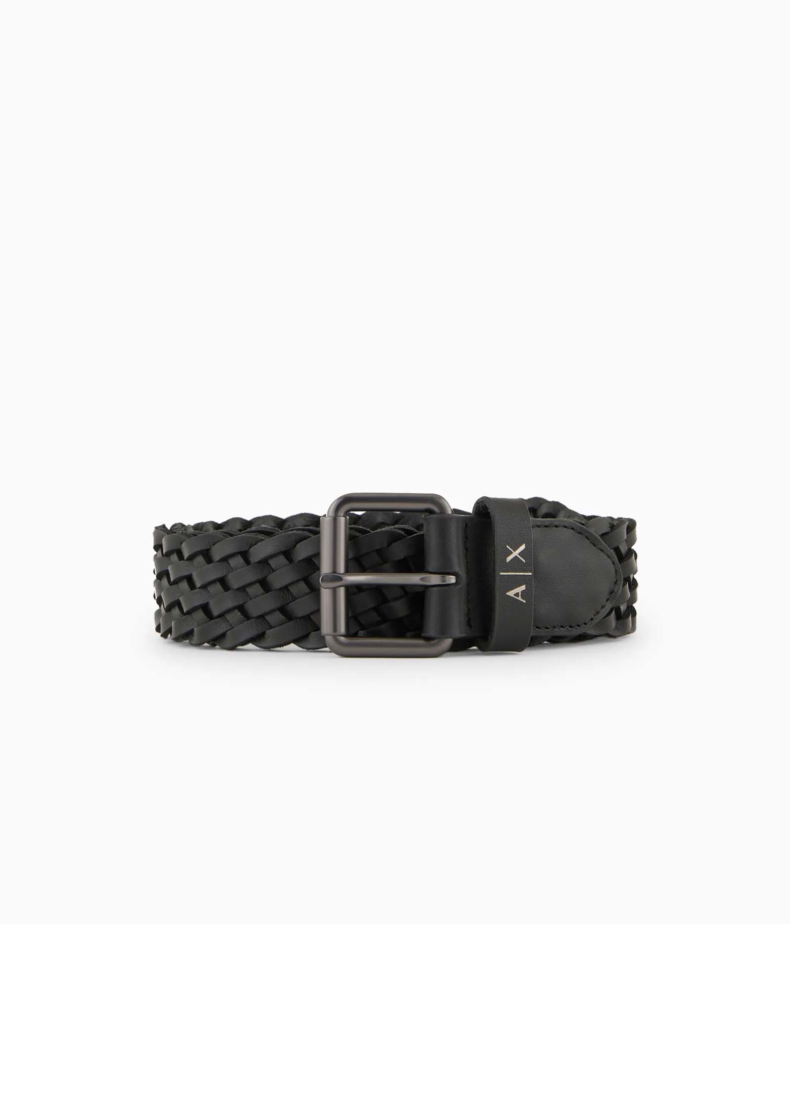 Cintura nera Exchange in pelle intrecciata con fibbia in metallo brunito