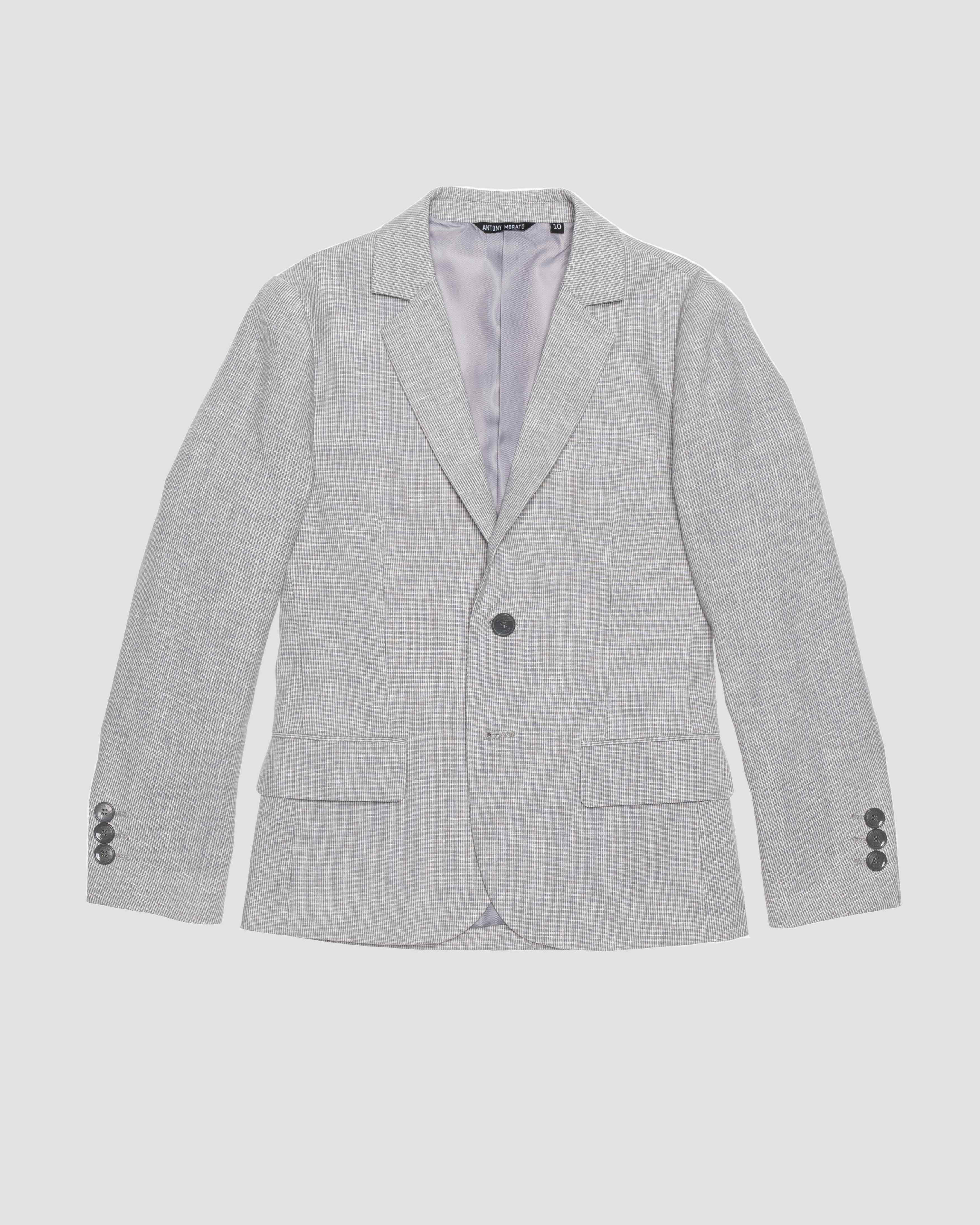 Blazer monopetto in cotone e lino micro quadretto bianco e grigio 