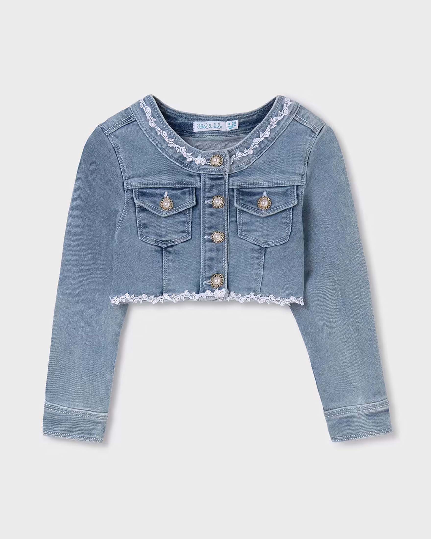 Giubbino cropped in jeans di cotone stretch con ricami e fiocco in organza bianco