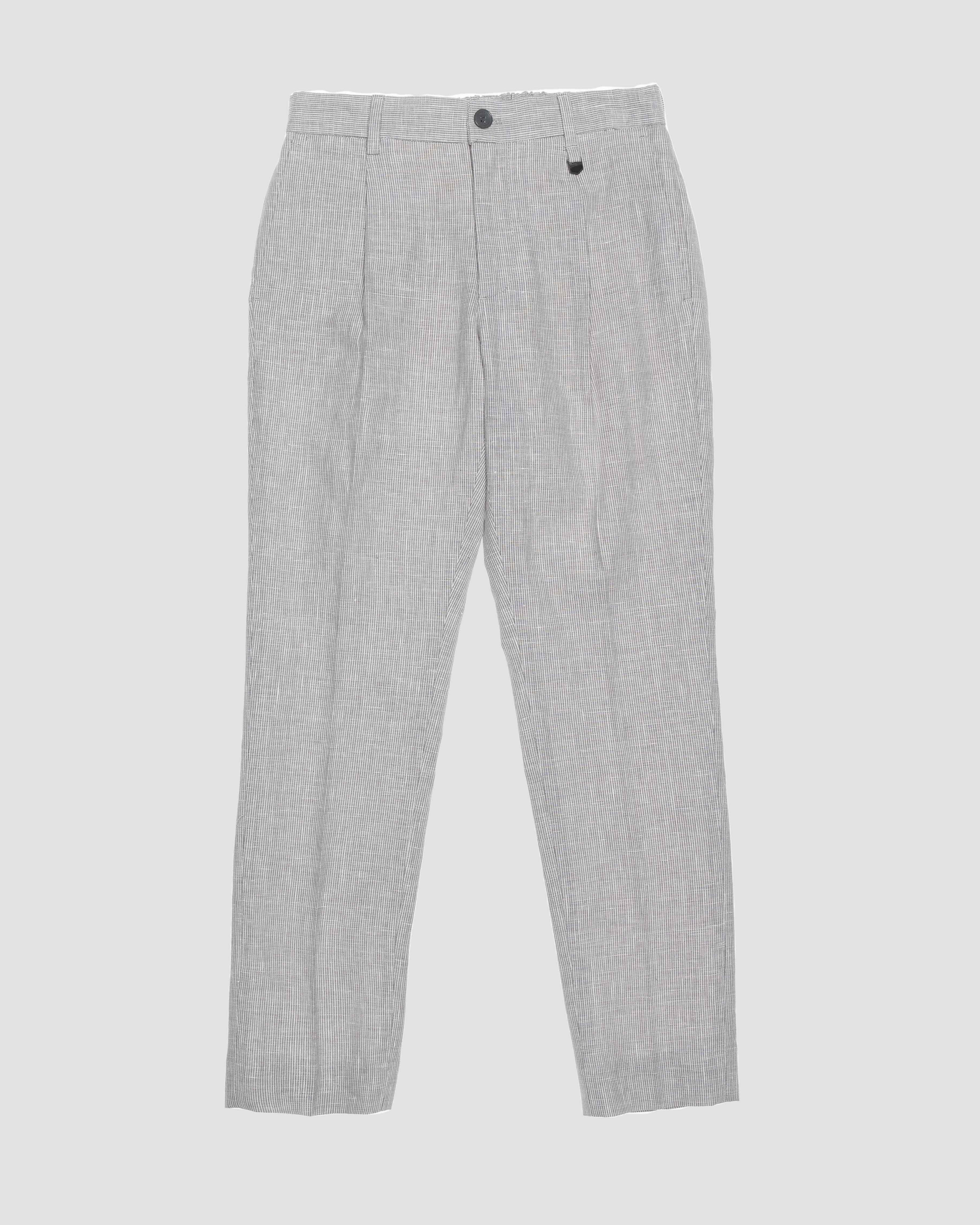 Pantalone carrot fit micro quadretto grigio e bianco in cotone e lino