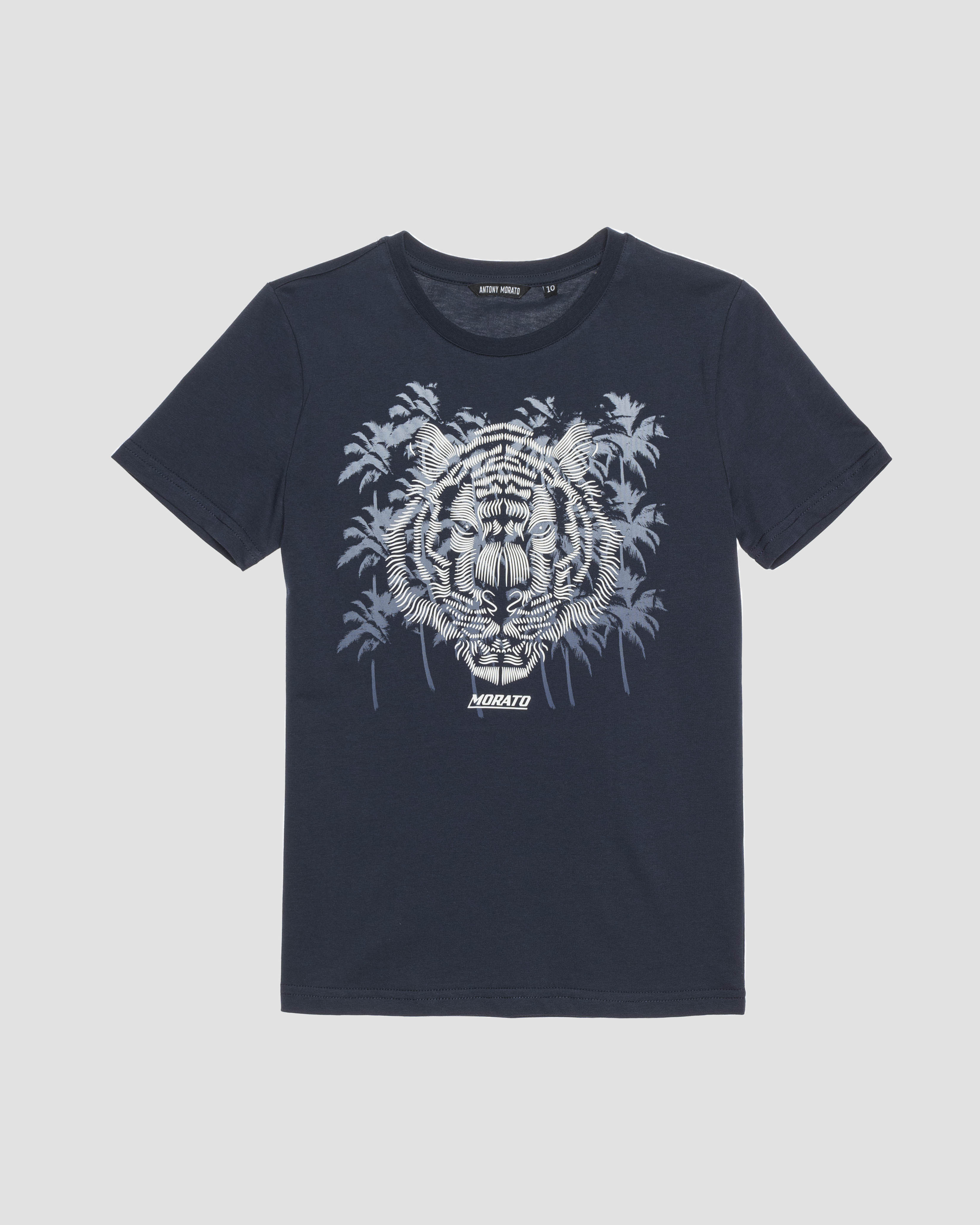 T-shirt blu in cotone a maniche corte con ricamo tigre