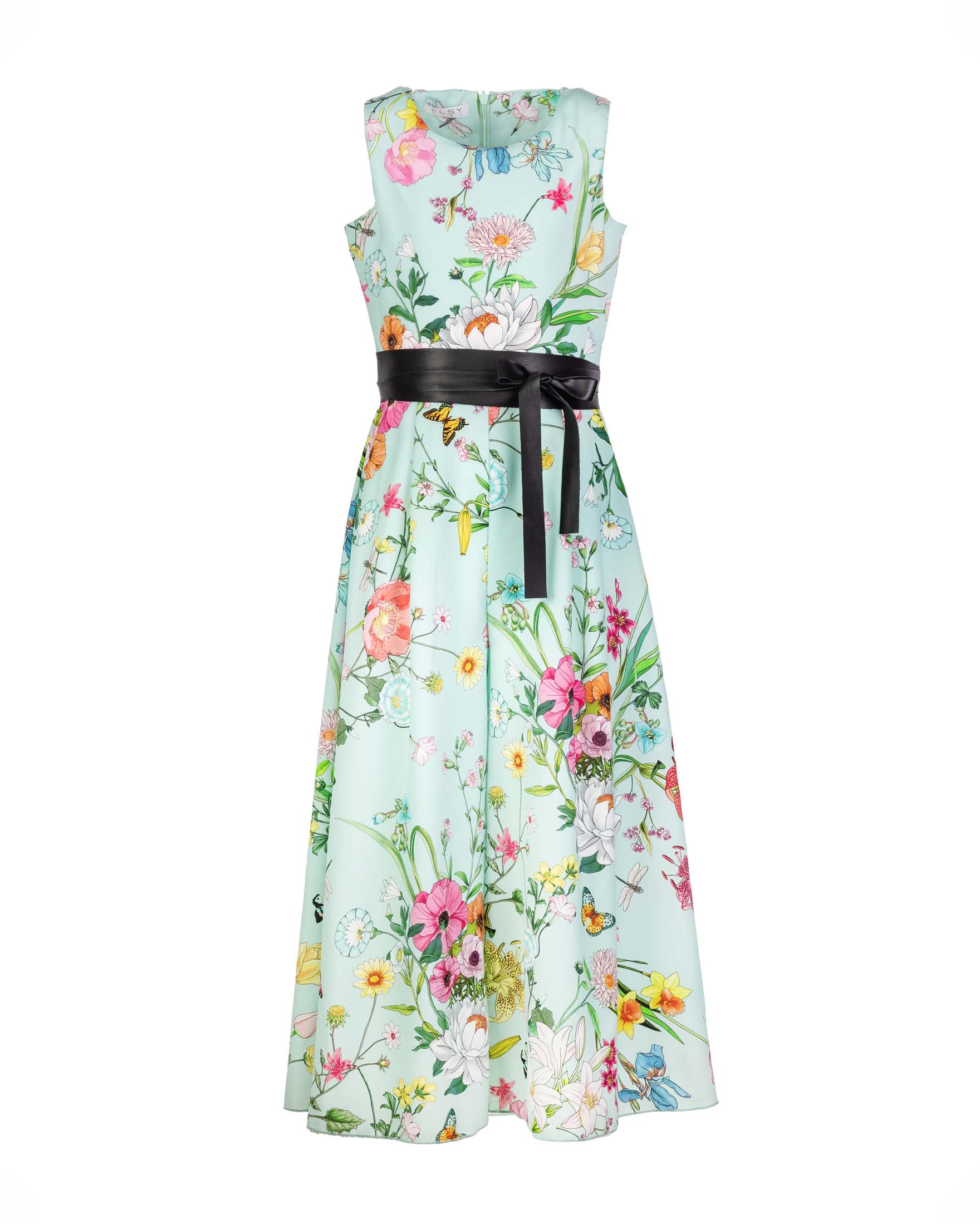 Tuta verde acqua smanicata in fantasia floreale con pantalone a palazzo e fusciacca in ecopelle nera 