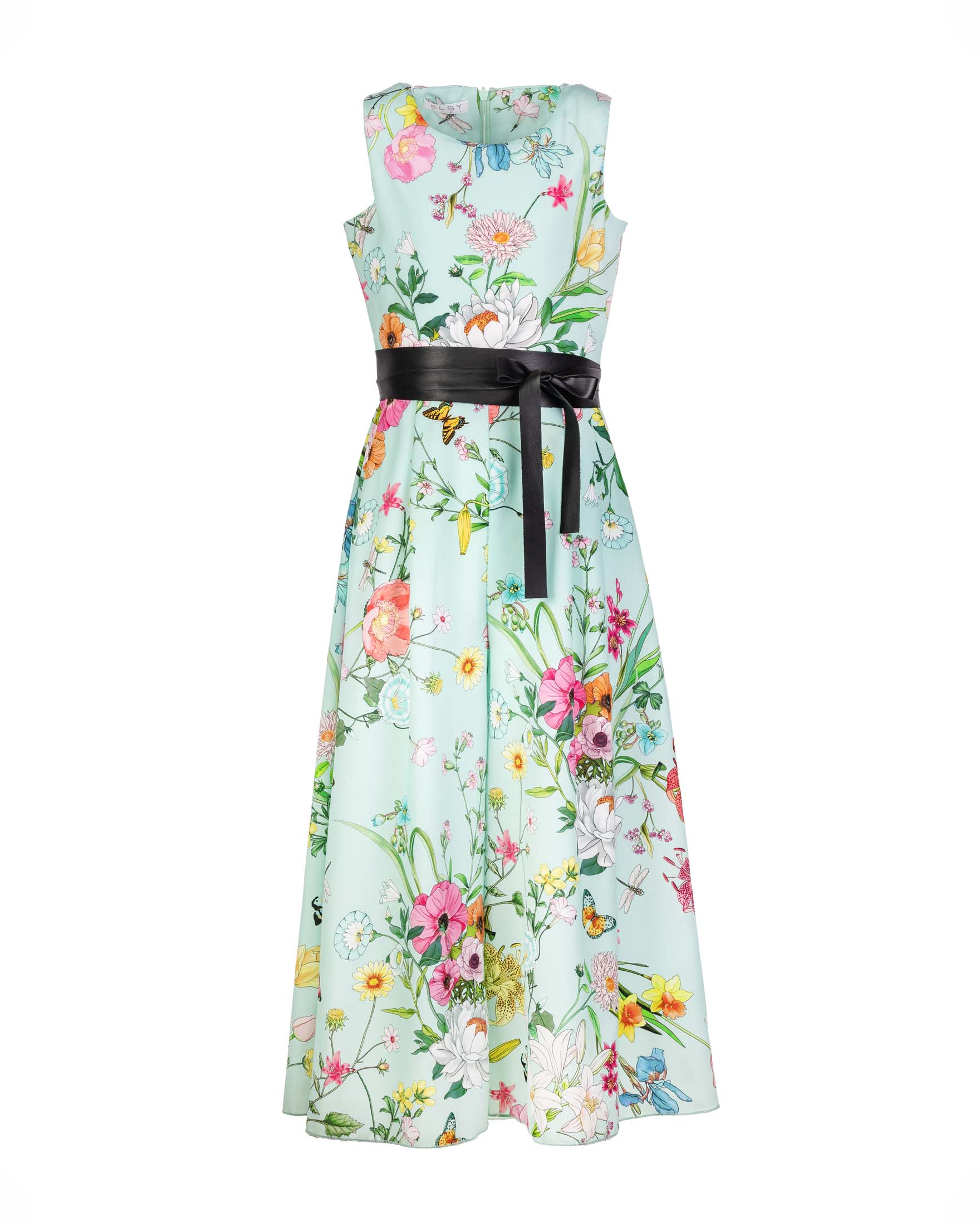 Tuta verde acqua smanicata in fantasia floreale con pantalone a palazzo e fusciacca in ecopelle nera 