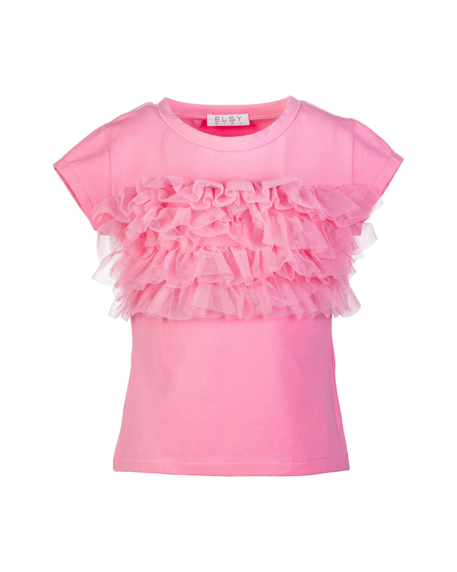T-shirt fucsia a maniche corte con rouches in tulle