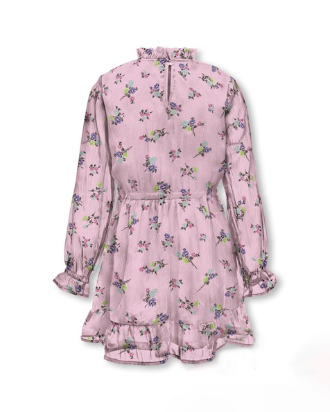 Abito rosa in georgette a maniche lunghe con colletto arricciato e stampa floreale 10-14 anni image