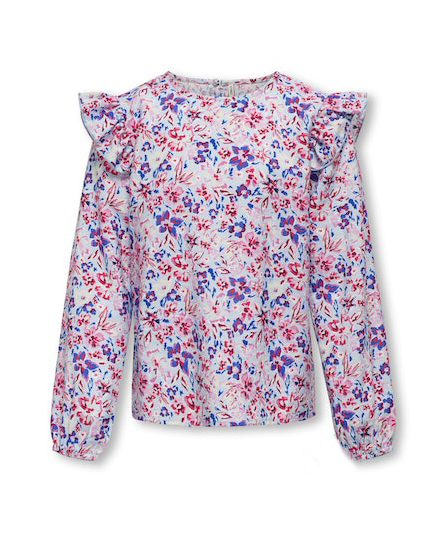 Camicia a maniche lunghe con stampa floreale multicolor e volants al giromanica 10-14 anni