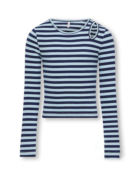 T-shirt in cotone stretch a maniche lunghe a fantasia rigata azzurra e blu con cut out