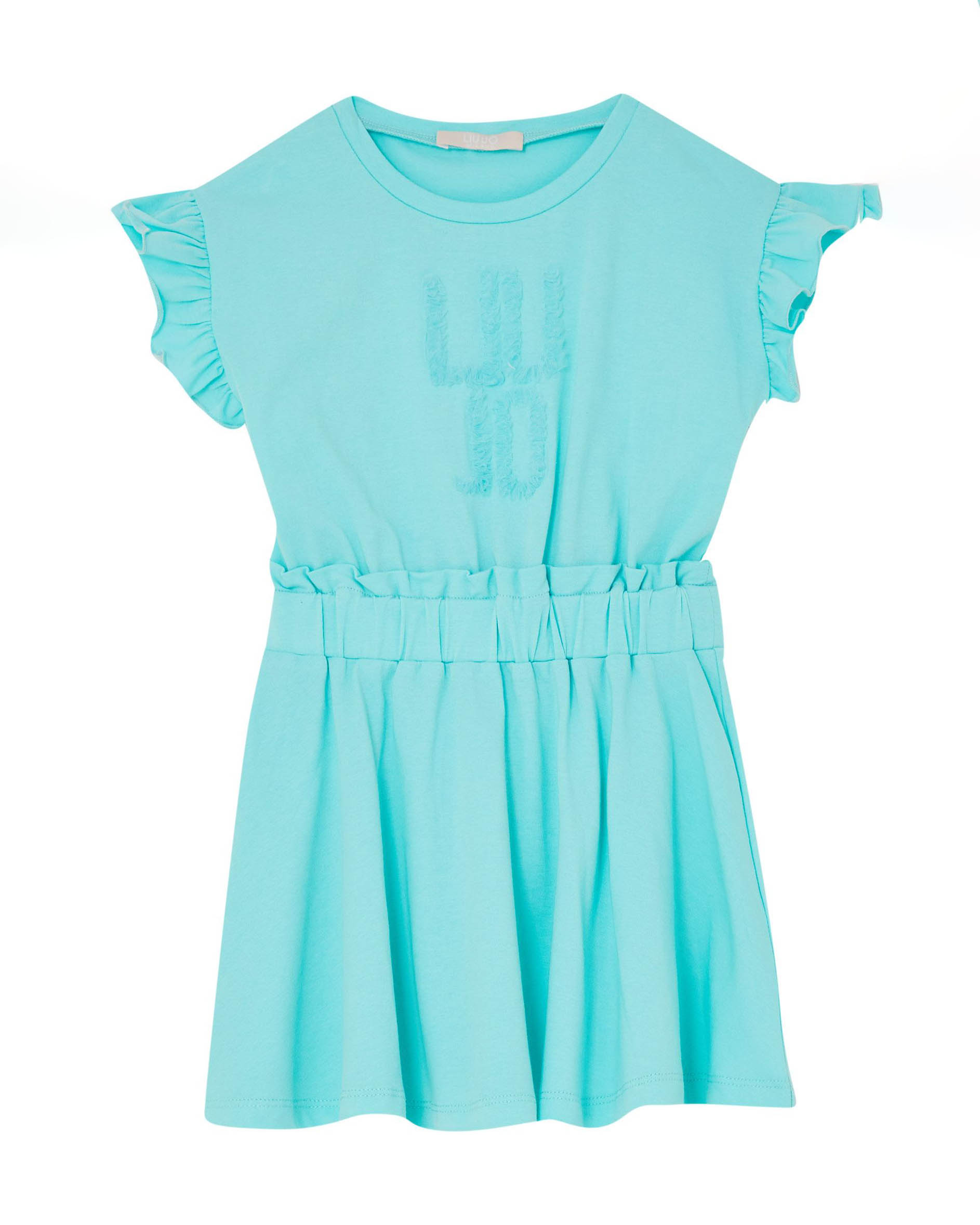 Abito mini azzurro in jersey di cotone stretch a maniche corte con logo ricamato in tono