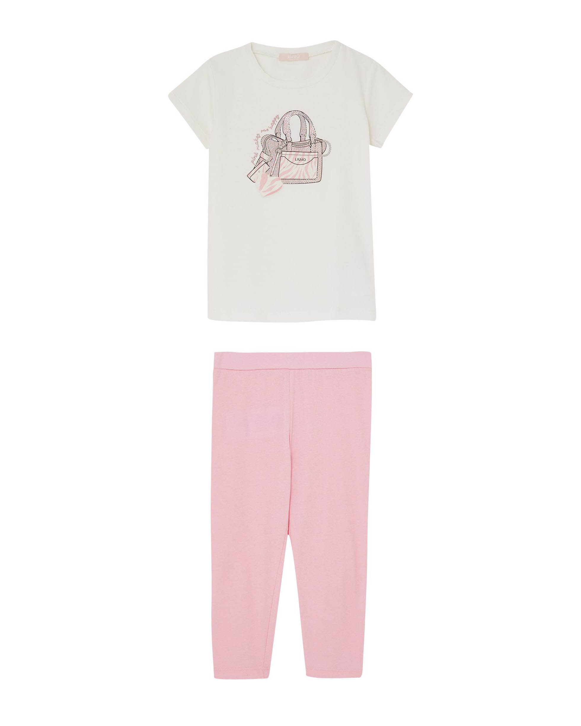 Completo in cotone stretch rosa e bianco composto da t-shirt a maniche corte con stampa borsa e leggins