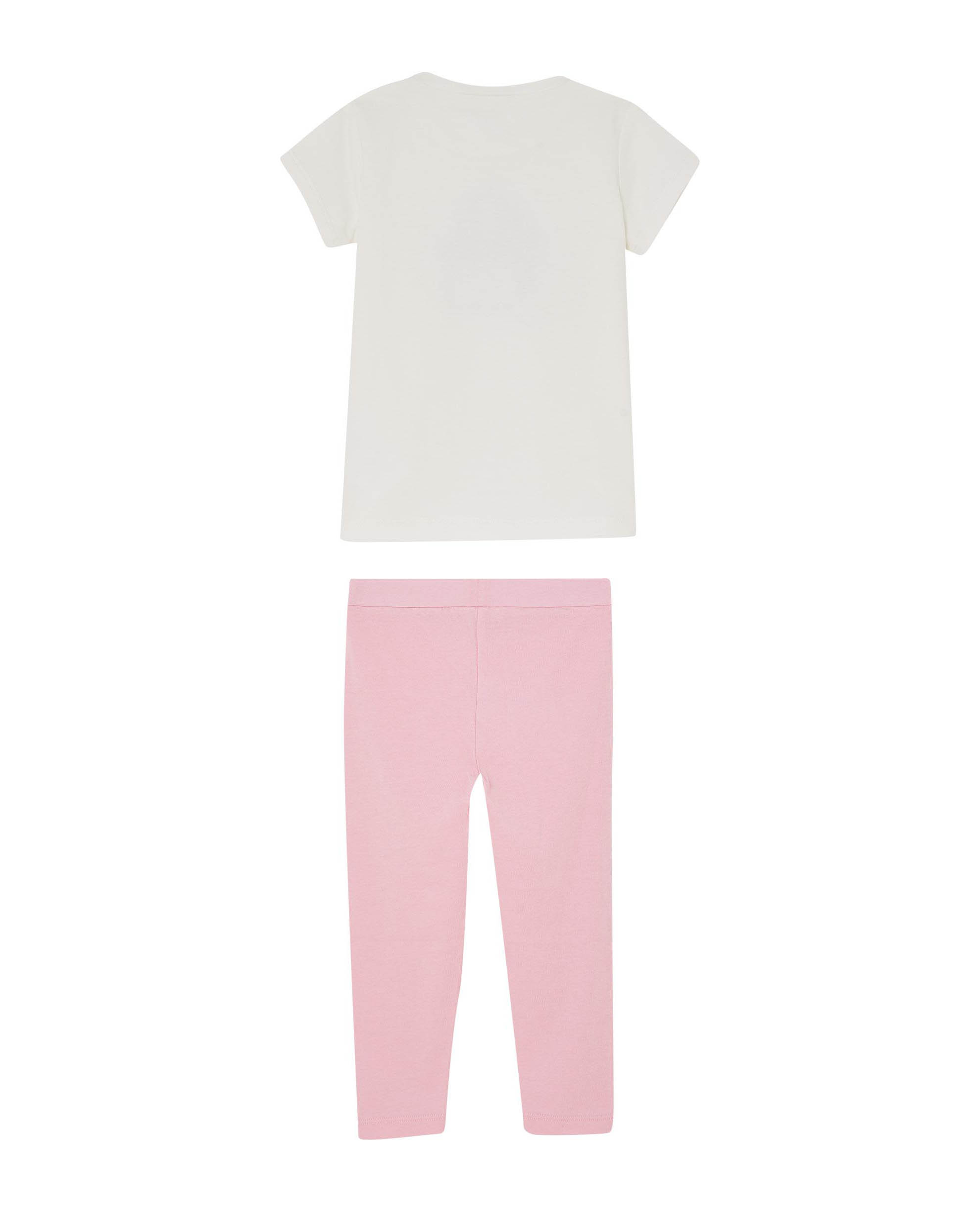 Completo in cotone stretch rosa e bianco composto da t-shirt a maniche corte con stampa borsa e leggins  image