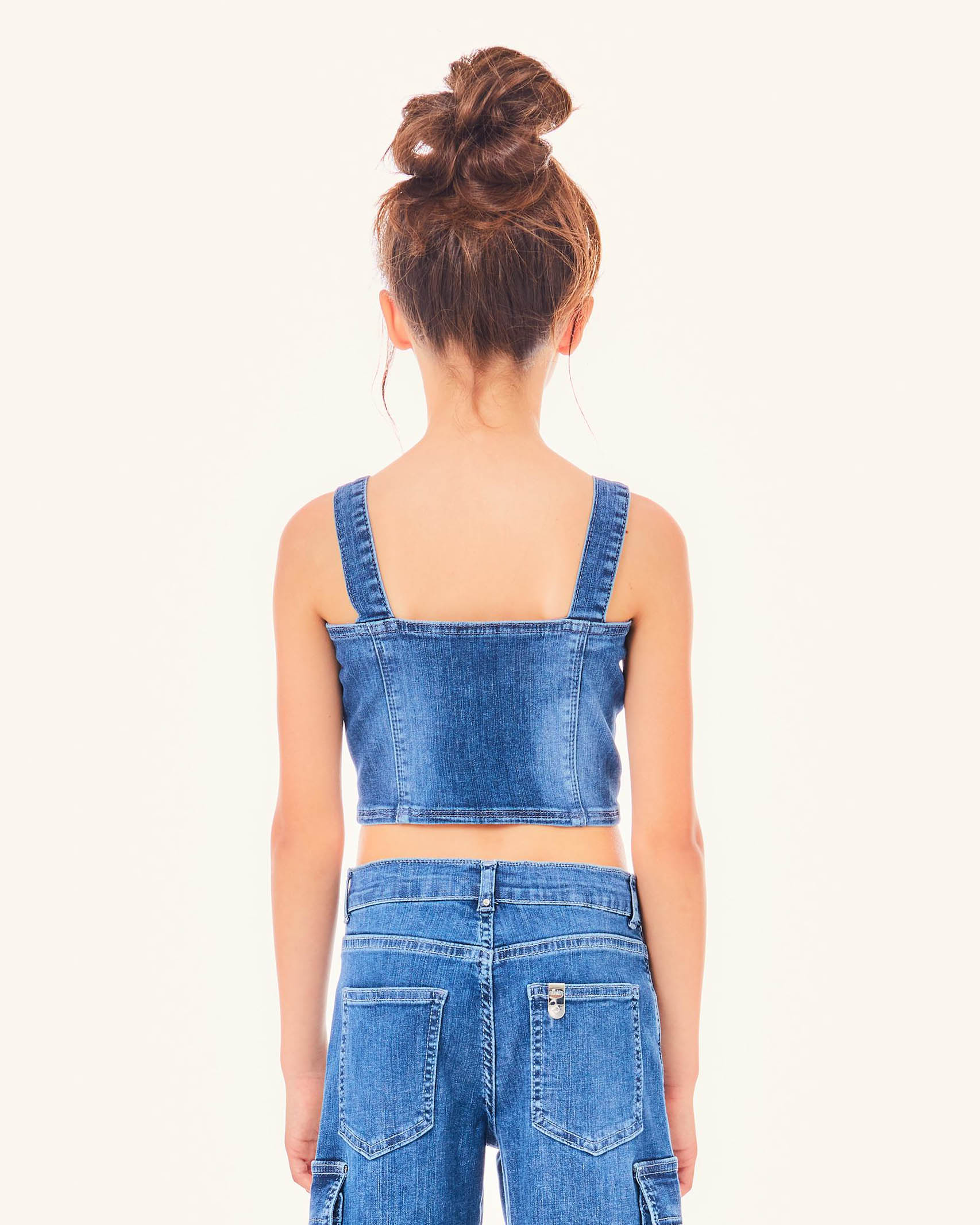 Top in denim di cotone stretch a lavaggio medio stone washed con tasche e zip  image