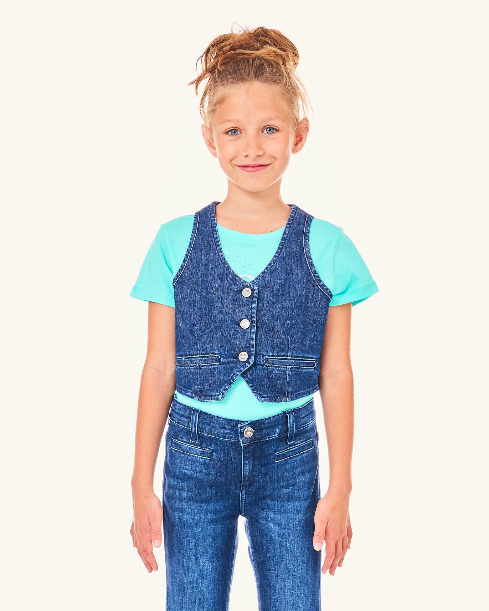 Gilet monopetto in denim di cotone stretch a lavaggio medio 
