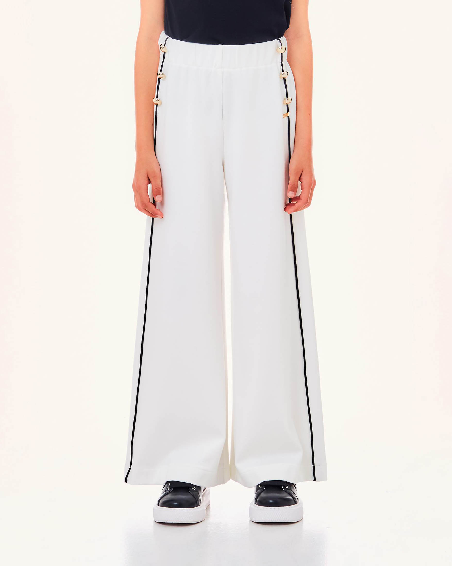 Pantalone a palazzo bianco in punto milano con bottoni dorati e righe nere
