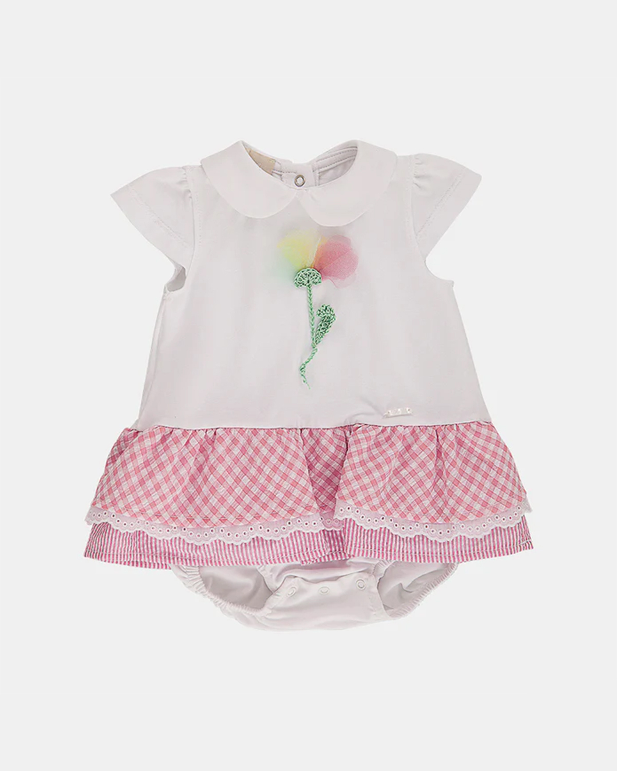 Abito pagliaccetto bianco in cotone stretch a maniche corte con applicazione floreale e gonna in fantasia vichy e righe rosa