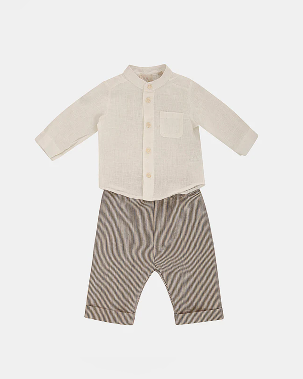 Completo in misto lino e cotone composto da camicia coreana color panna e pantalone rigato beige e blu