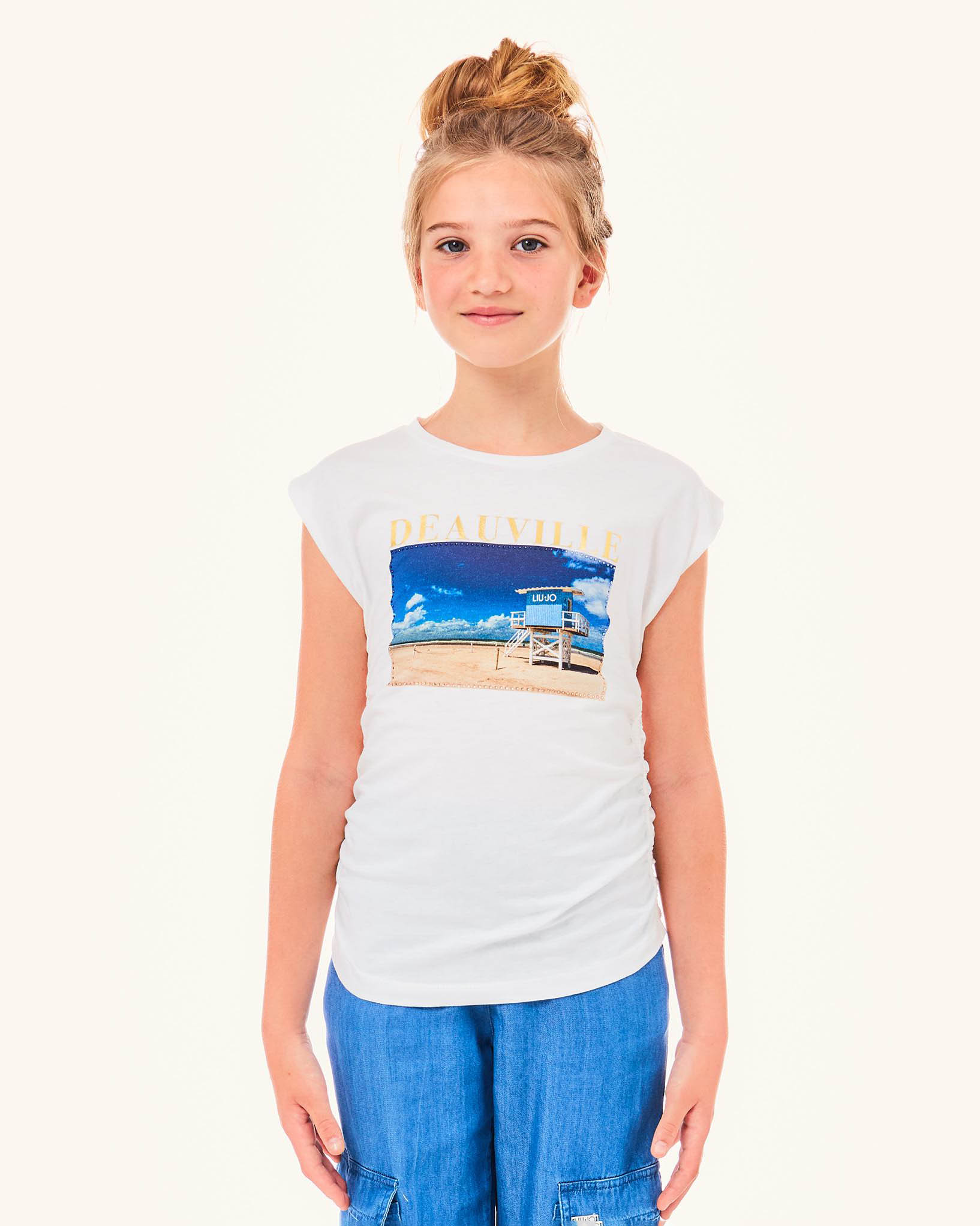 T-shirt bianca in cotone a manche corte con stampa 'Deauville' ed arricciature laterali