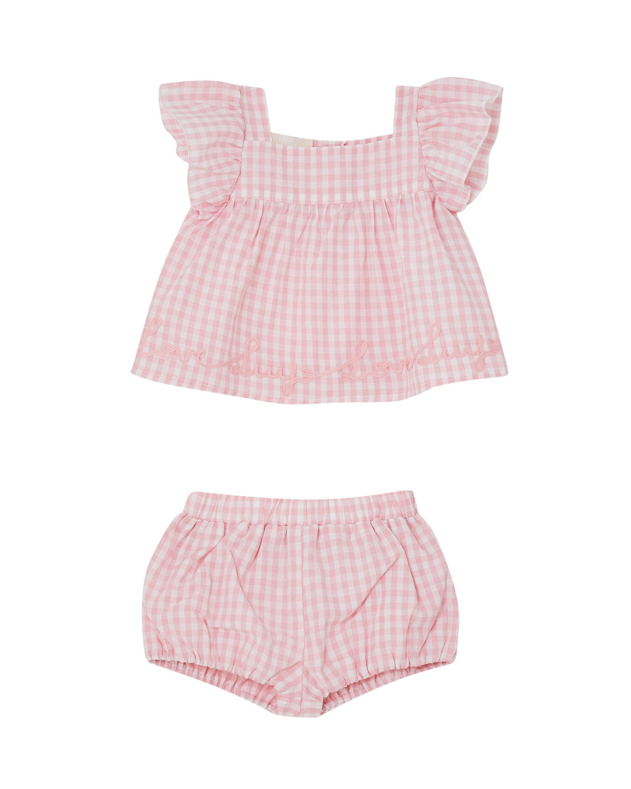 Completo in cotone a fantasia vichy rosa e bianca composto da abito e coulotte