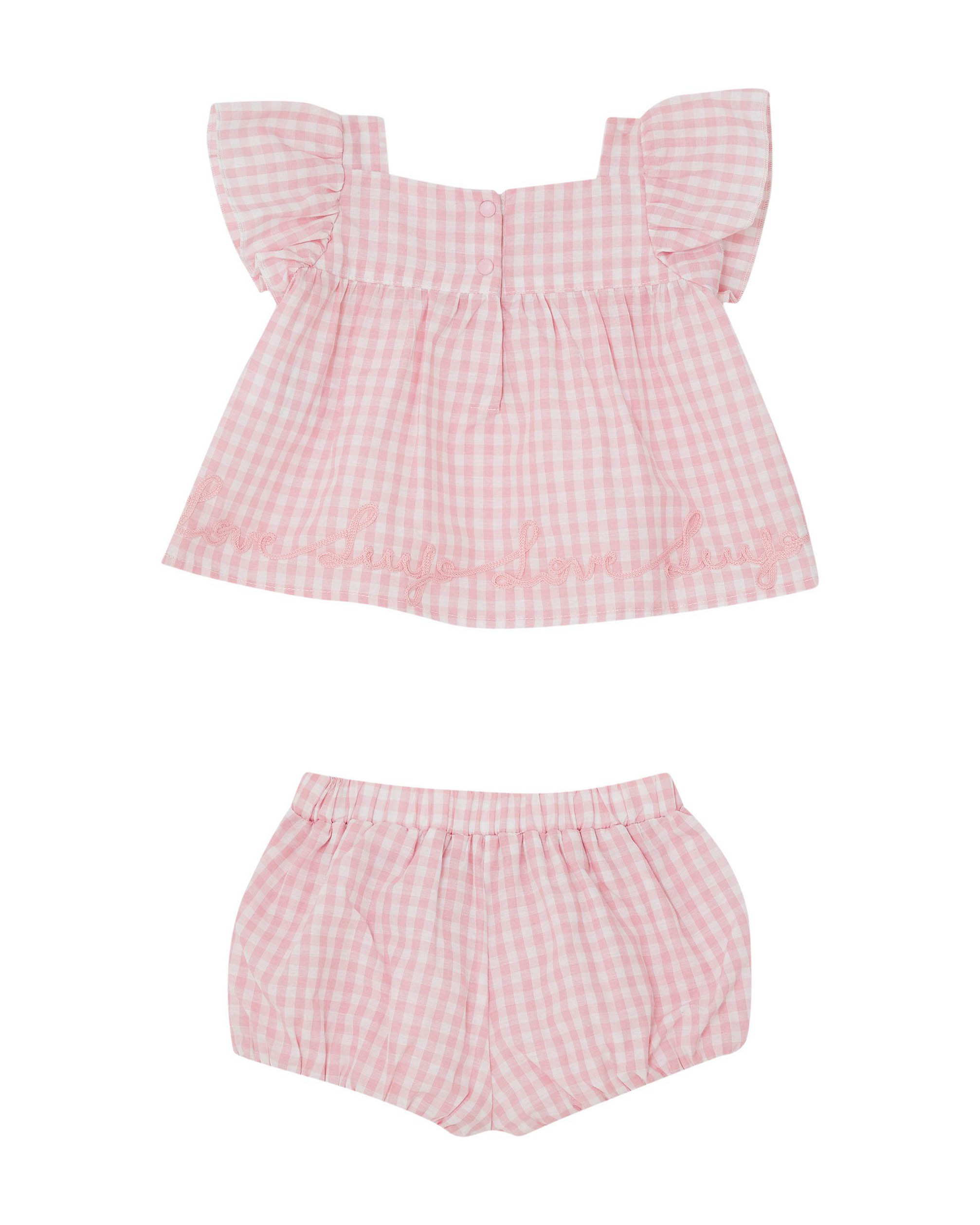 Completo in cotone a fantasia vichy rosa e bianca composto da abito e coulotte  image