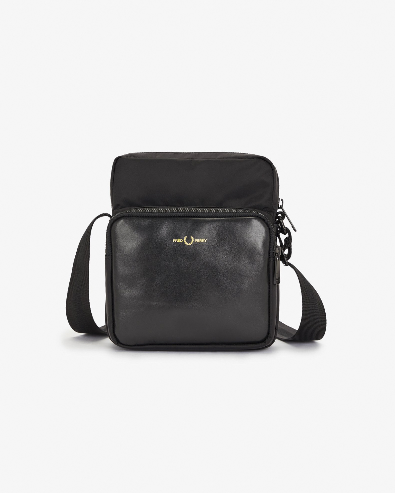 Borsa a tracolla nera in twill di nylon e similpelle