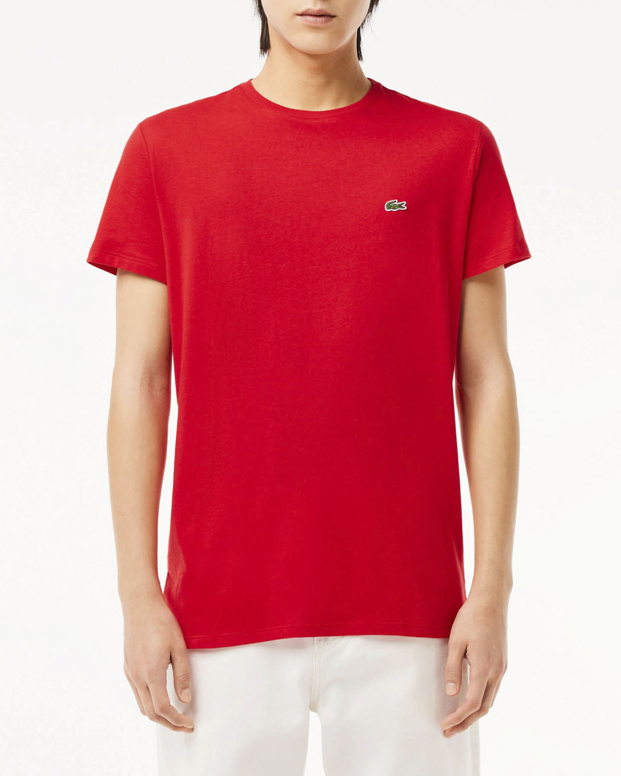 T-shirt rossa in pima cotton con logo coccodrillo verde