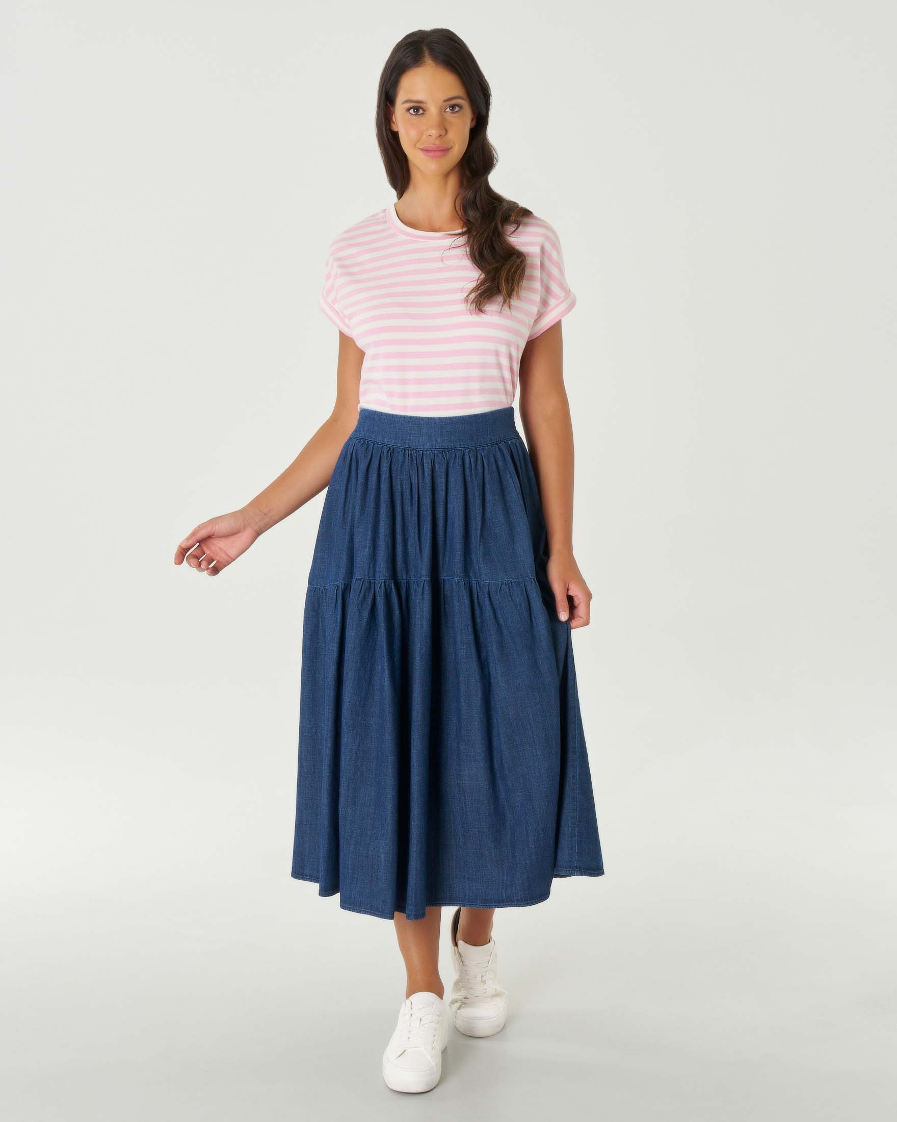 T-shirt rosa in cotone stretch a righe color avorio con maniche ad aletta