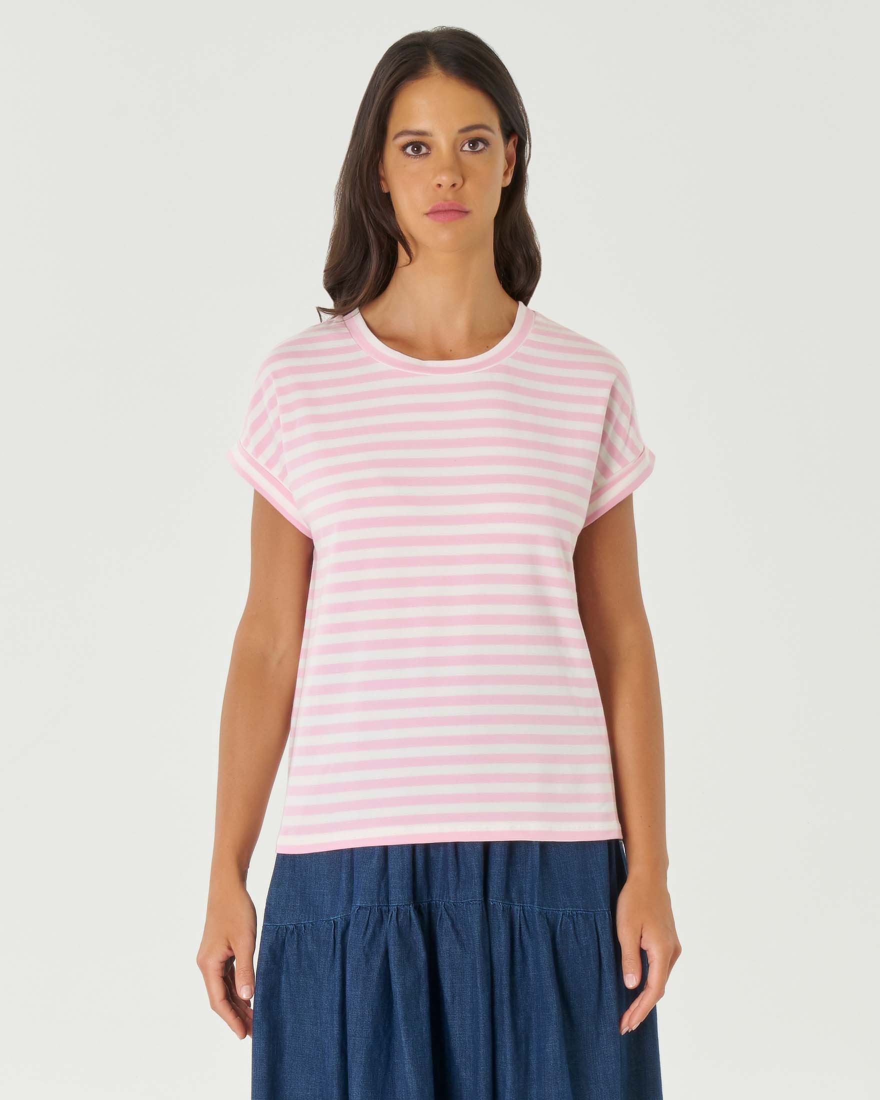 T-shirt rosa in cotone stretch a righe color avorio con maniche ad aletta image
