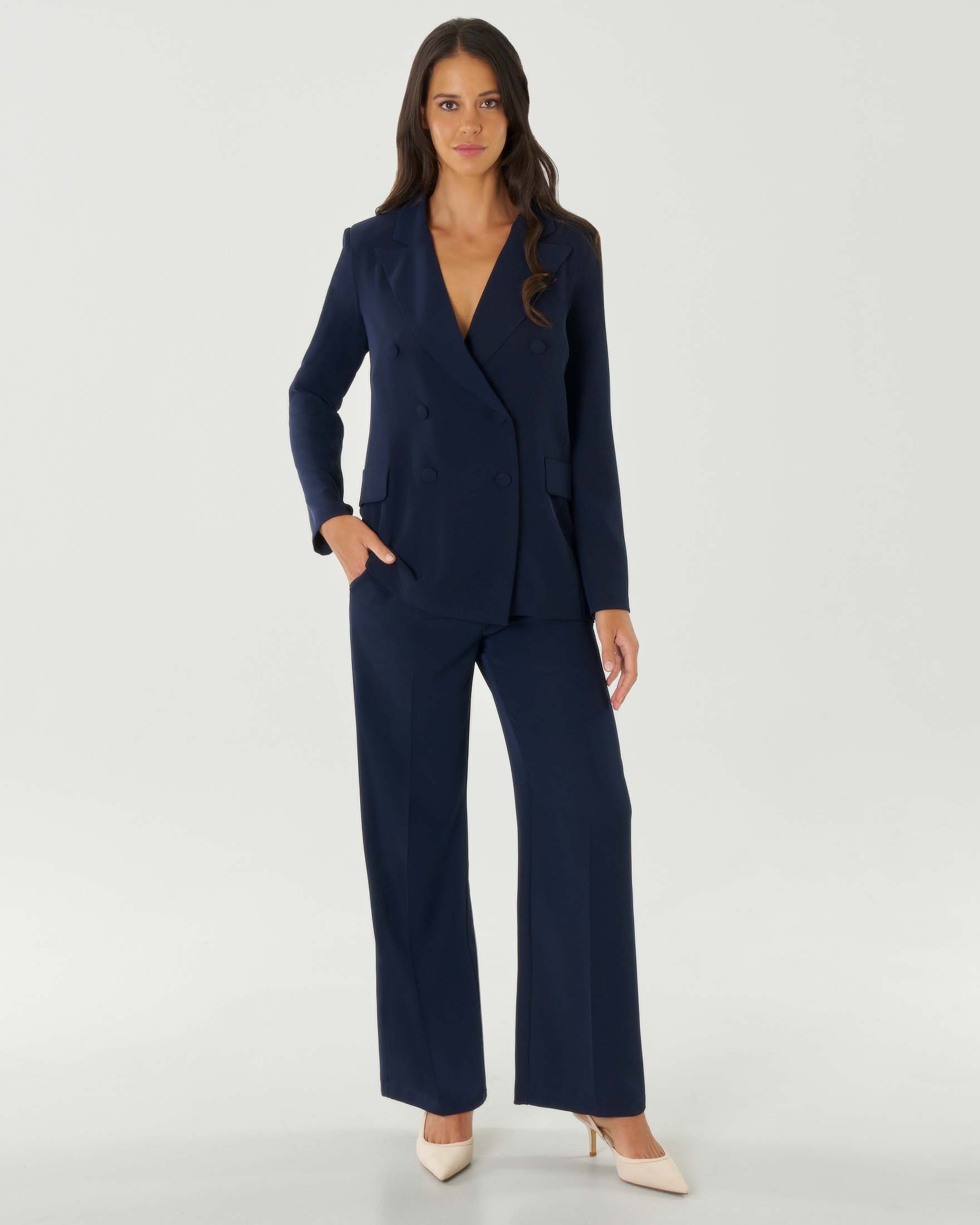 Blazer doppiopetto blu in crêpe con revers a lancia