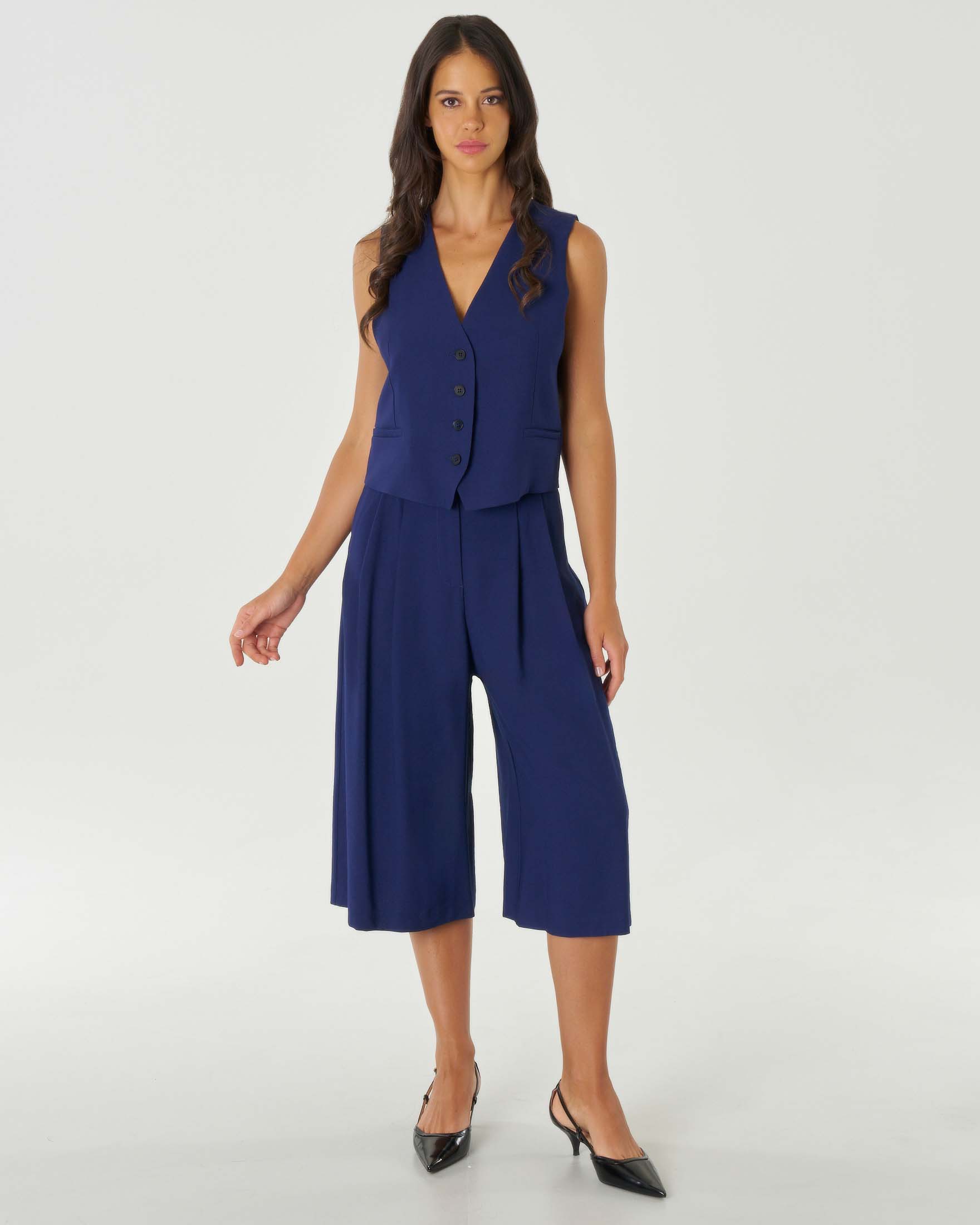 Pantaloni cropped blu royal in misto viscosa con doppia pinces in vita