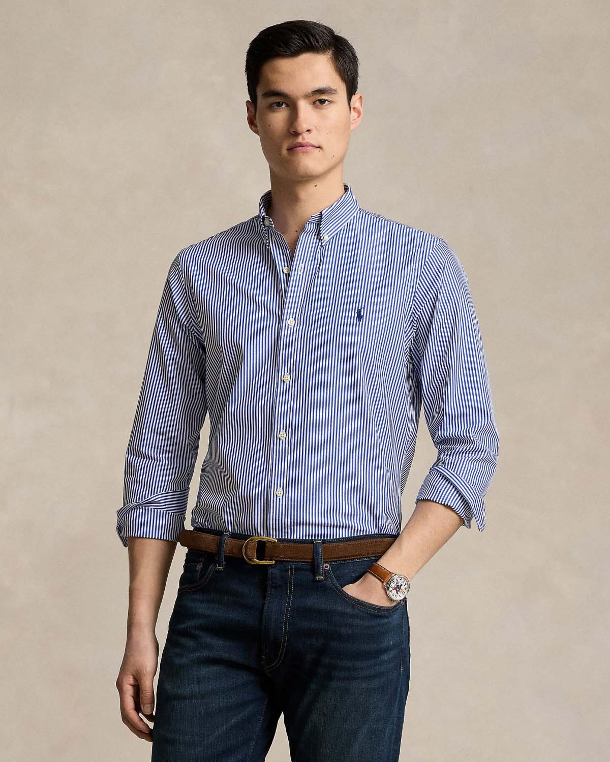 Camicia slim Polo a righe bianche e blu in popeline di cotone stretch con colletto button-down