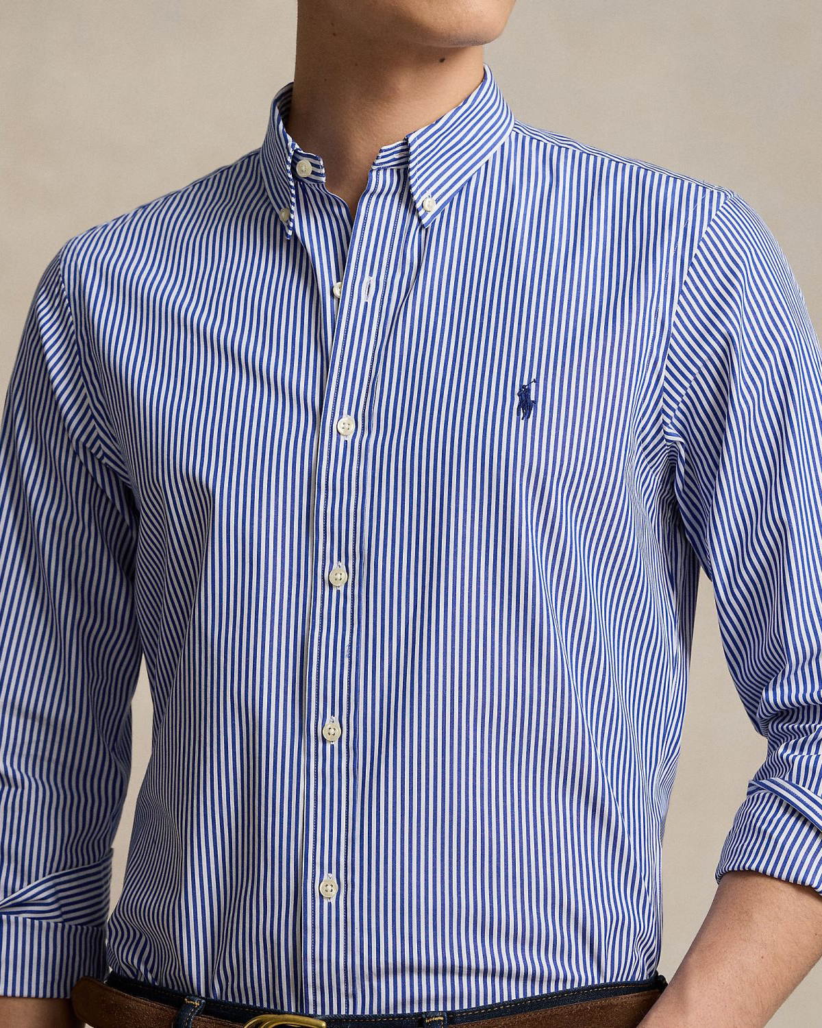 Camicia slim Polo Ralph Lauren a righe bianche e blu in popeline di cotone stretch con colletto button-down image