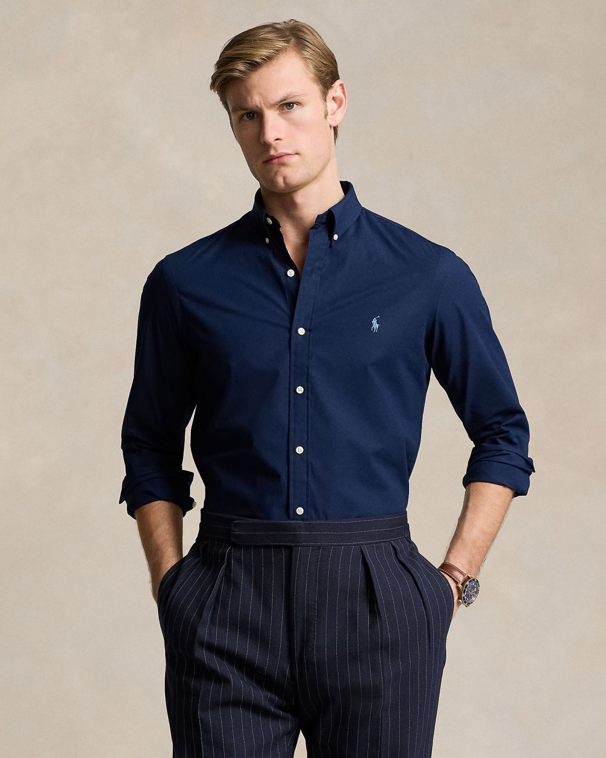 Camicia Polo Ralph Lauren blu in popeline di cotone stretch con colletto button down