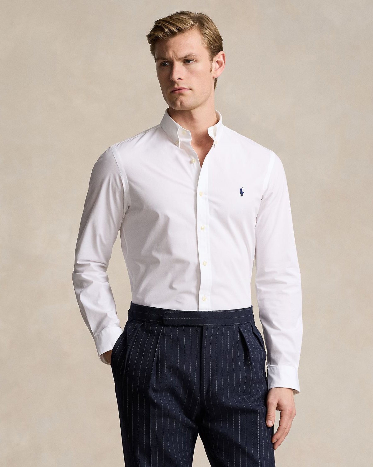 Camicia Polo Ralph Lauren bianca in popeline di cotone stretch con colletto button down