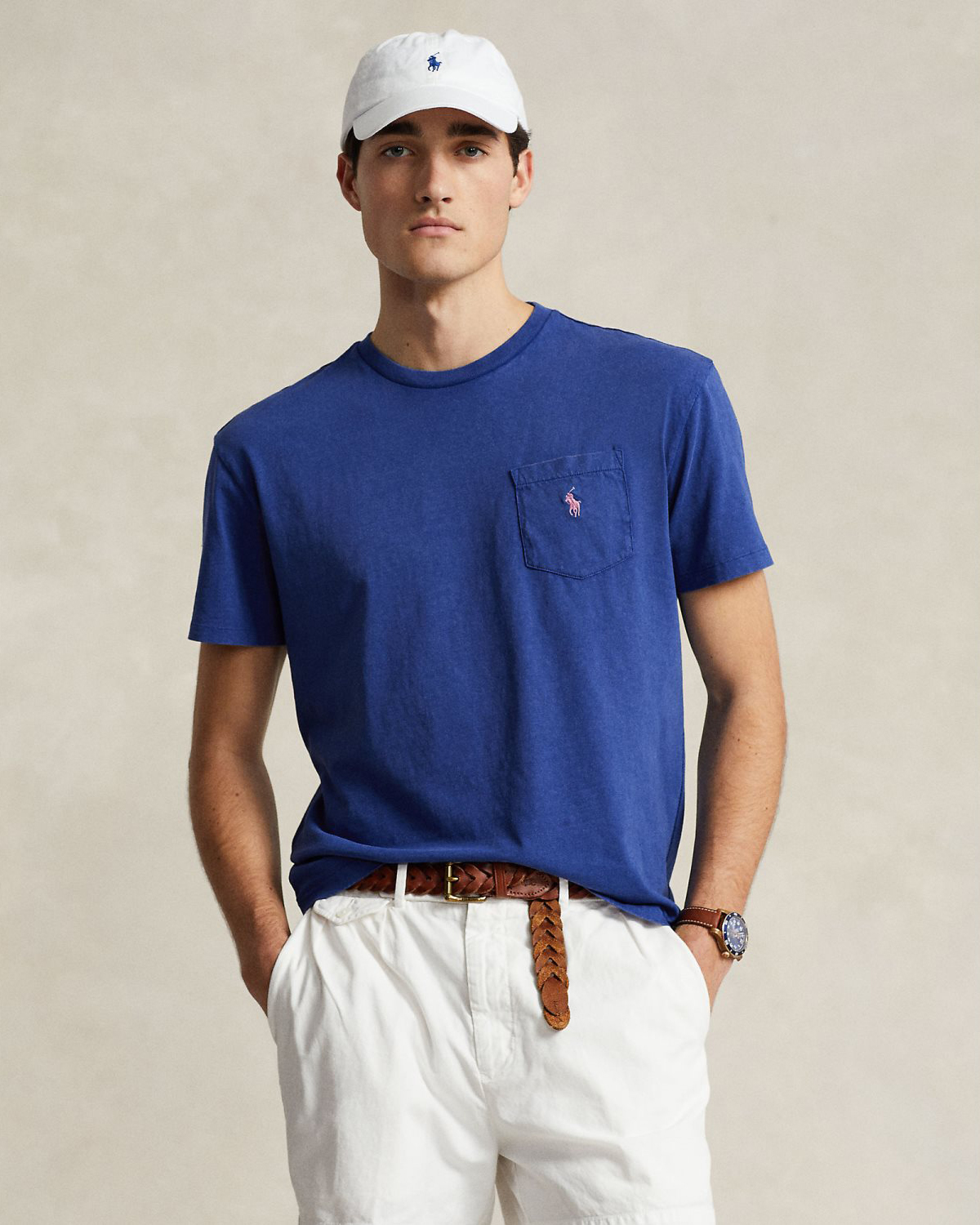 T-shirt blu royal mezza manica in misto cotone e lino con taschino al petto