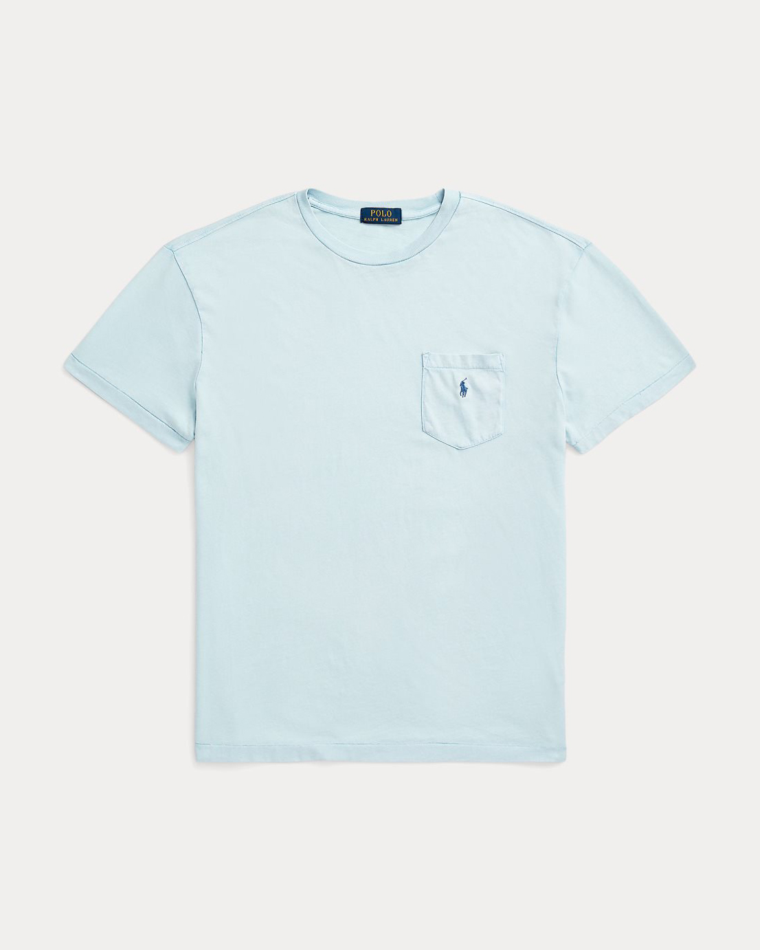 T-shirt azzurra mezza manica in misto cotone e lino con taschino al petto