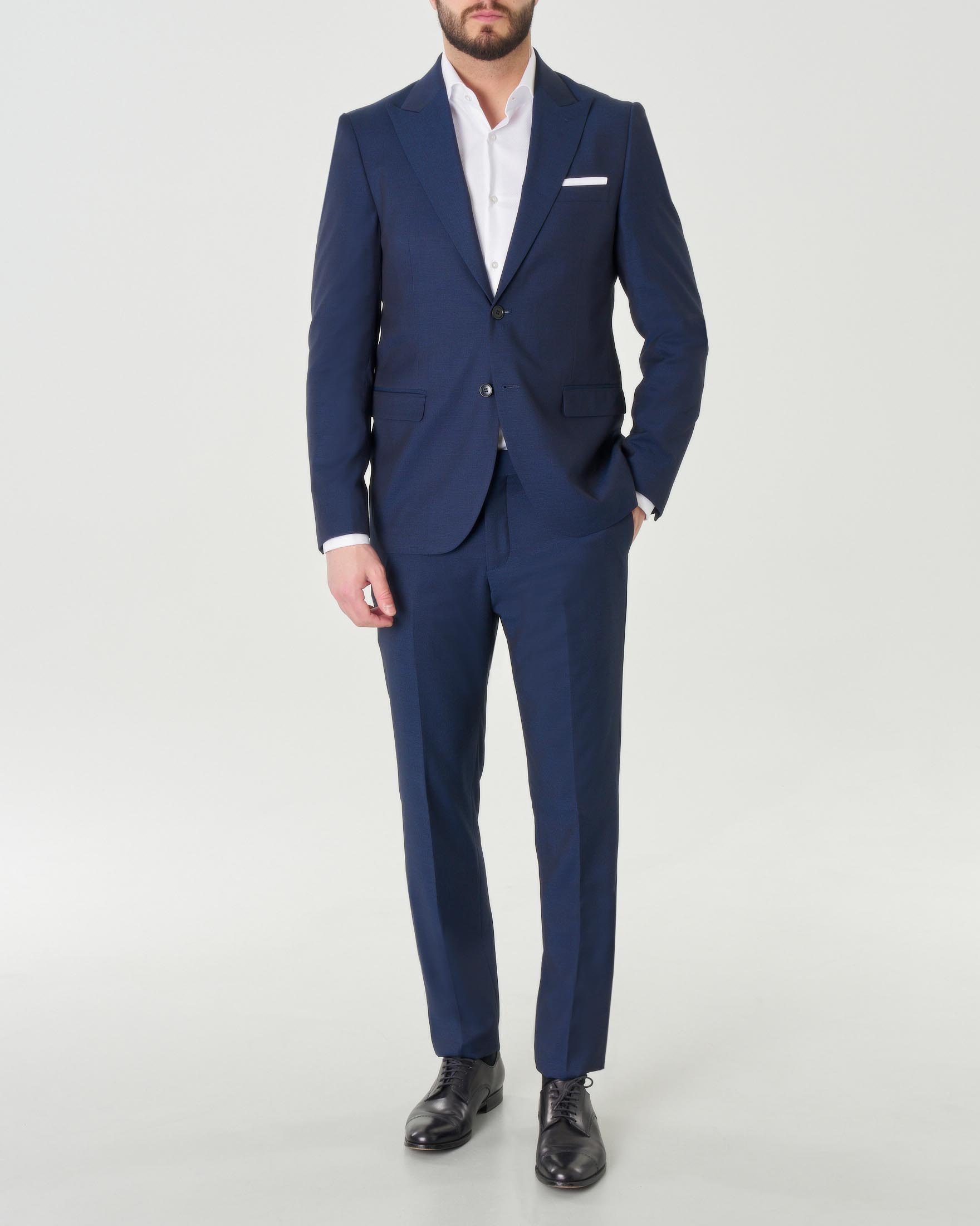 Abito blu in tessuto stretch con revers a lancia