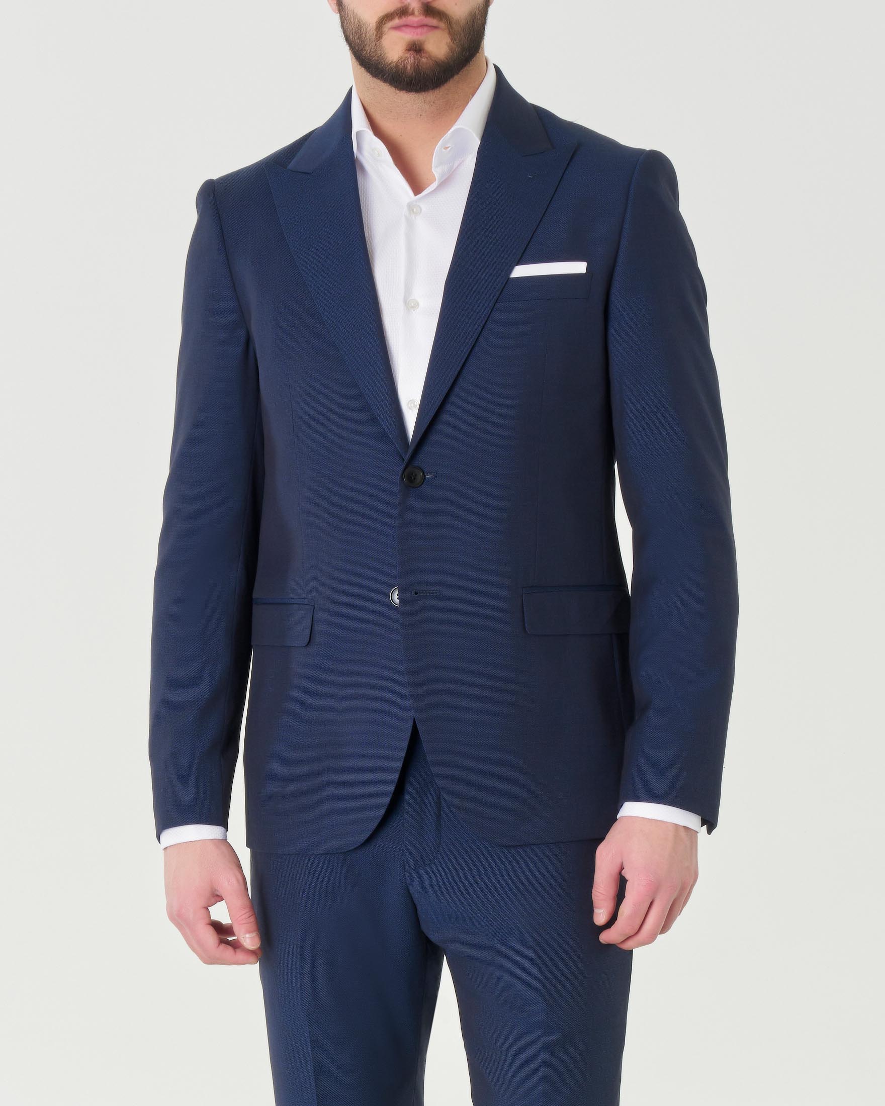 Abito blu in tessuto stretch con revers a lancia image