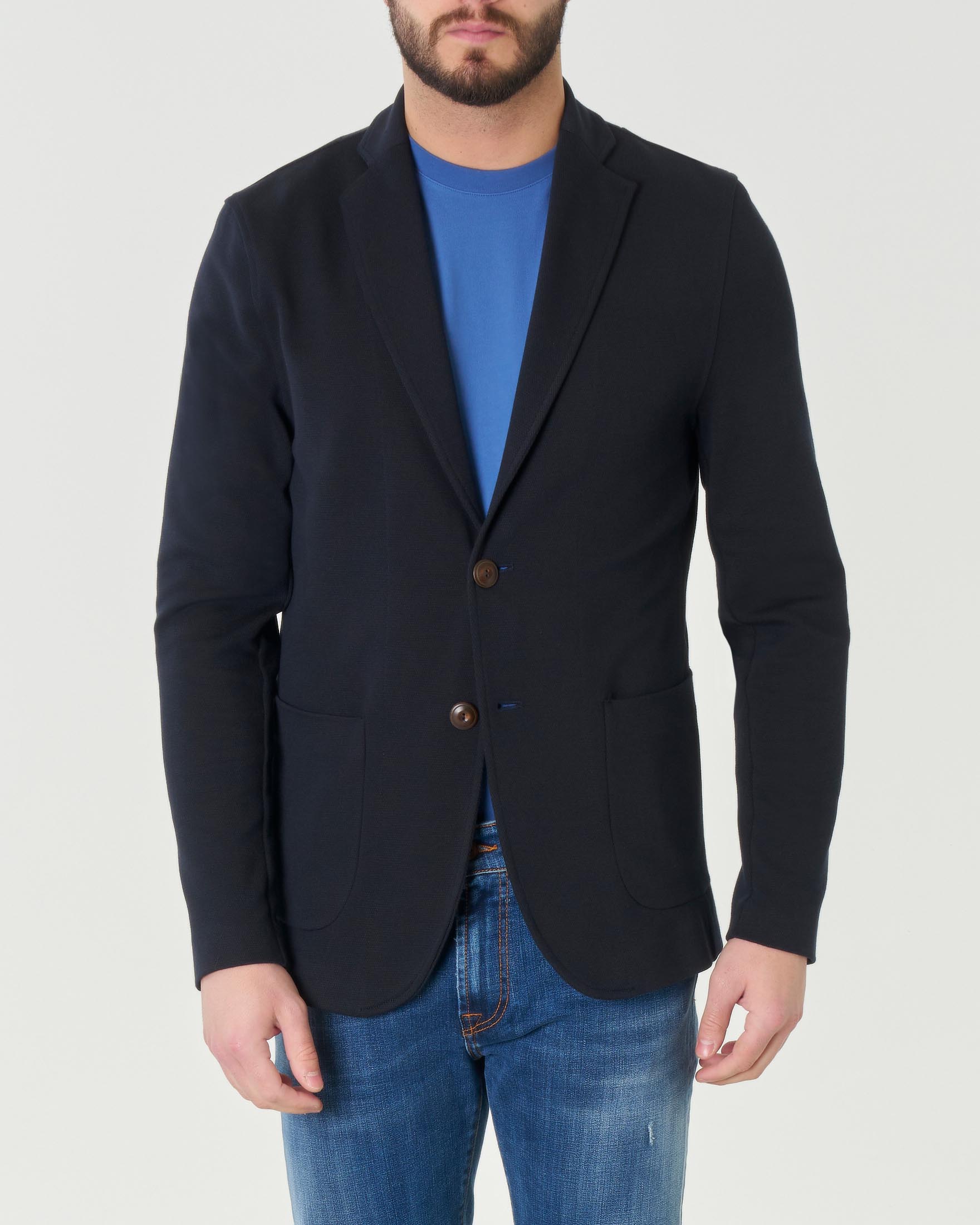 Giacca maglia blu in micro piquè di viscosa stretch