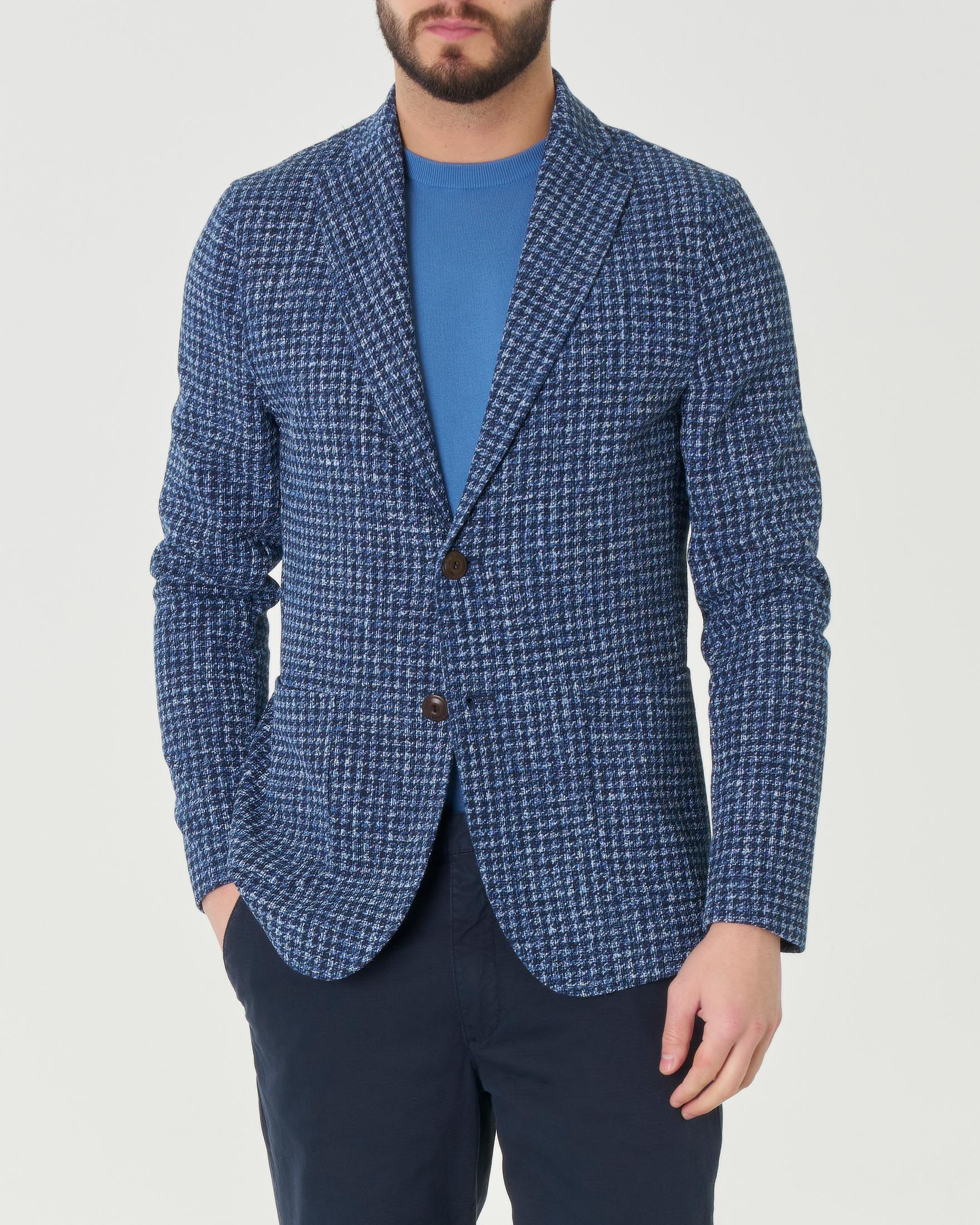 Giacca maglia pied de poule blu indaco in misto cotone