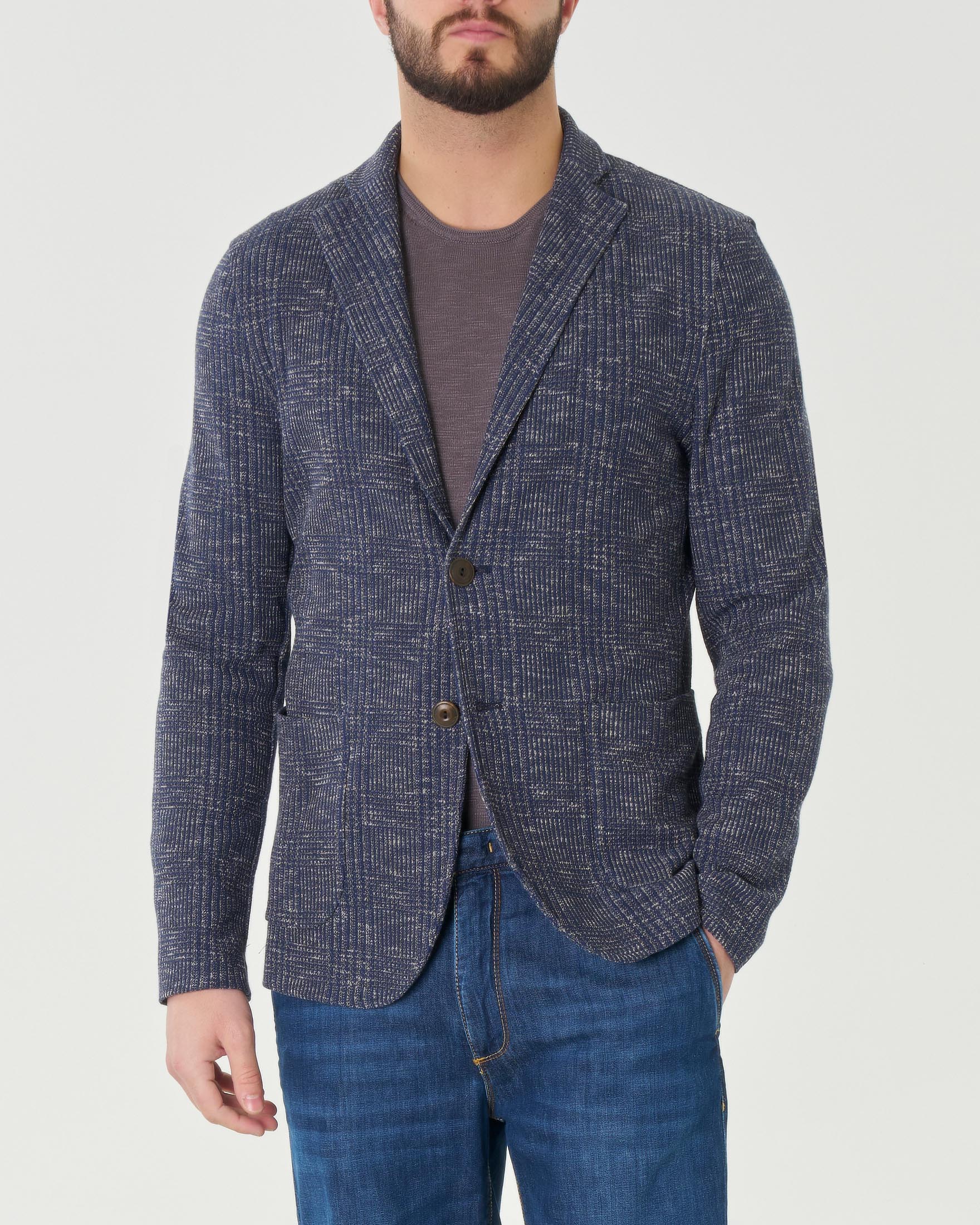 Giacca maglia in fantasia principe di Galles blu e grigia in misto cotone
