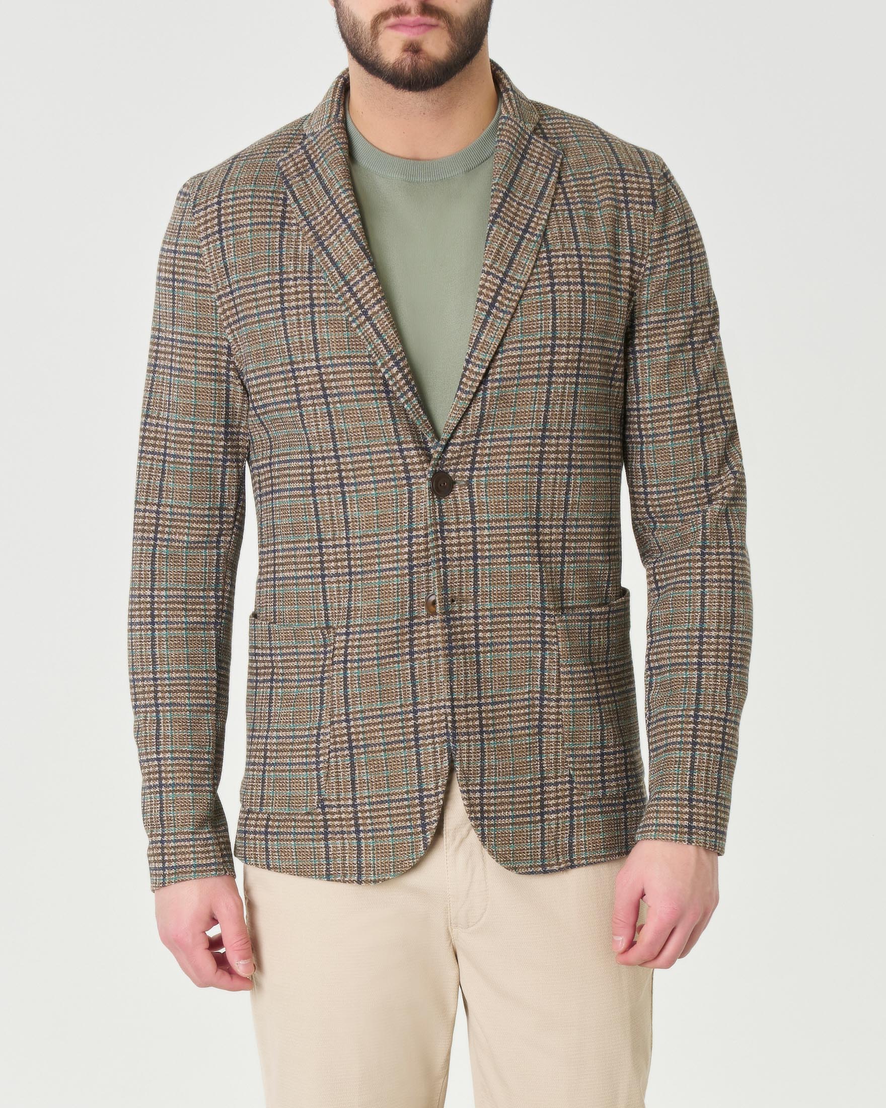 Giacca maglia color noce in misto cotone a quadri blu e ottanio