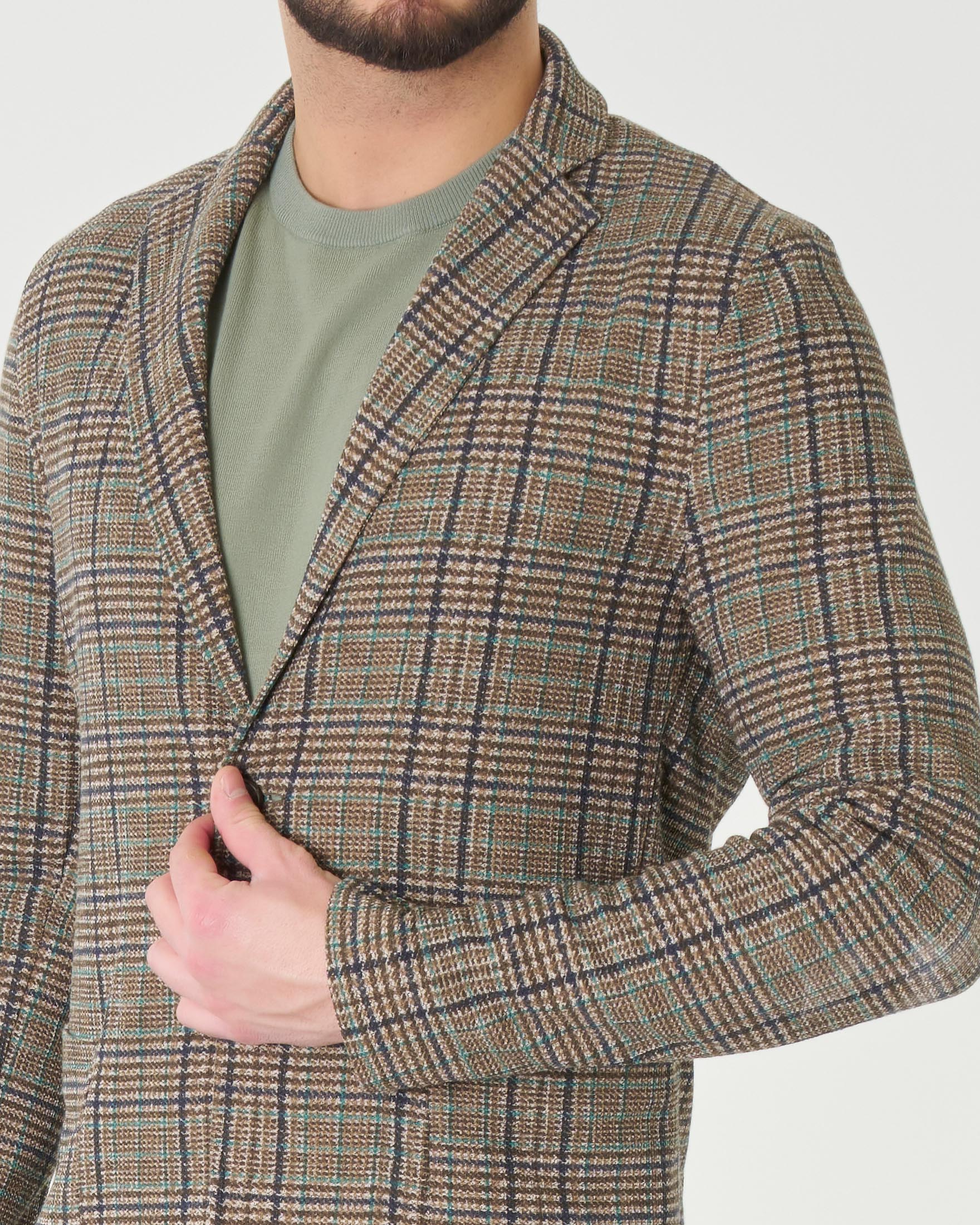 Giacca maglia color noce in misto cotone a quadri blu e ottanio image